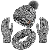 Aneco Womens Winter Warm Sets Knitted Fur Pompoms Beanie Hat Circle Loop Scarf Touch Screen Gloves Winter Favor Accessories