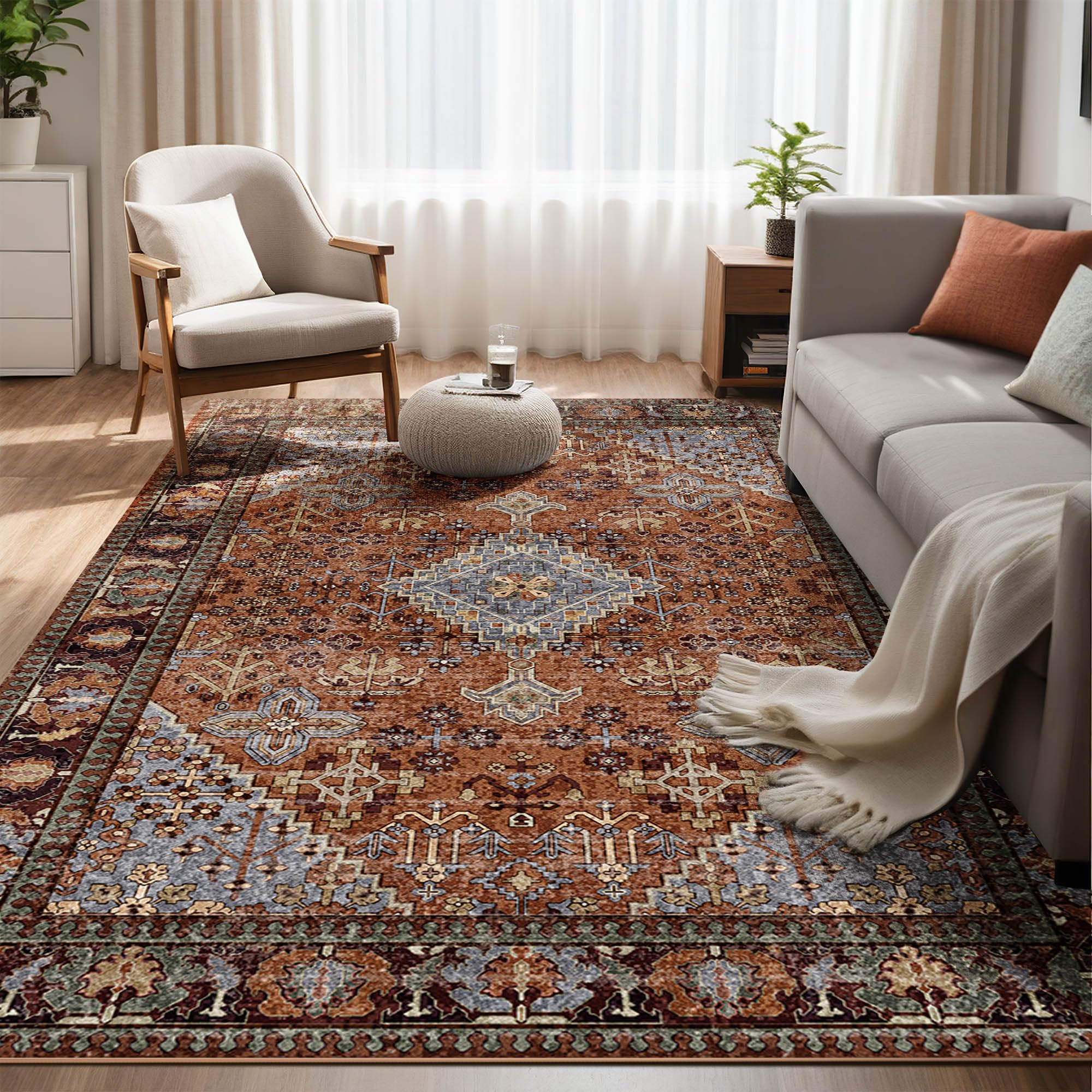 Photo 1 of 4x6 Area Rugs for Living Room, Stain Resistant Machine Washable Rug, Non Slip Backing Boho Rugs for Bedroom, Printed Soft Vintage Carpet Sienna Brown 4 x 6