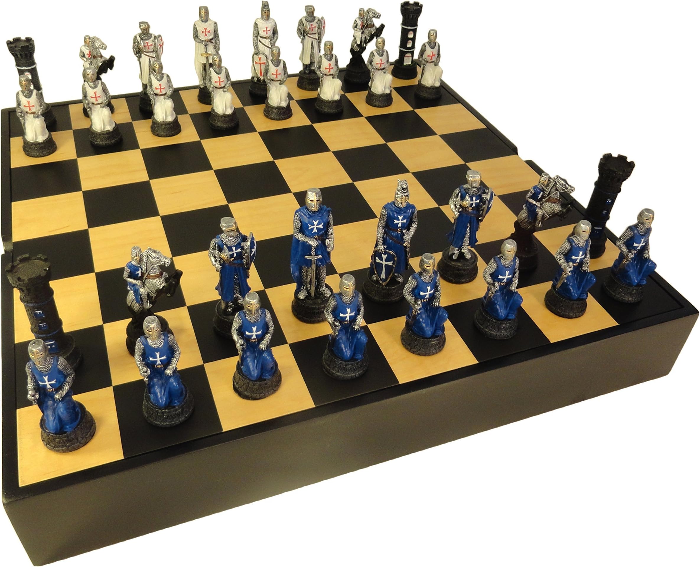HPL Medieval Times Crusades Blue and White Maltese Knights Chess Set with Black and Maple Storage Board