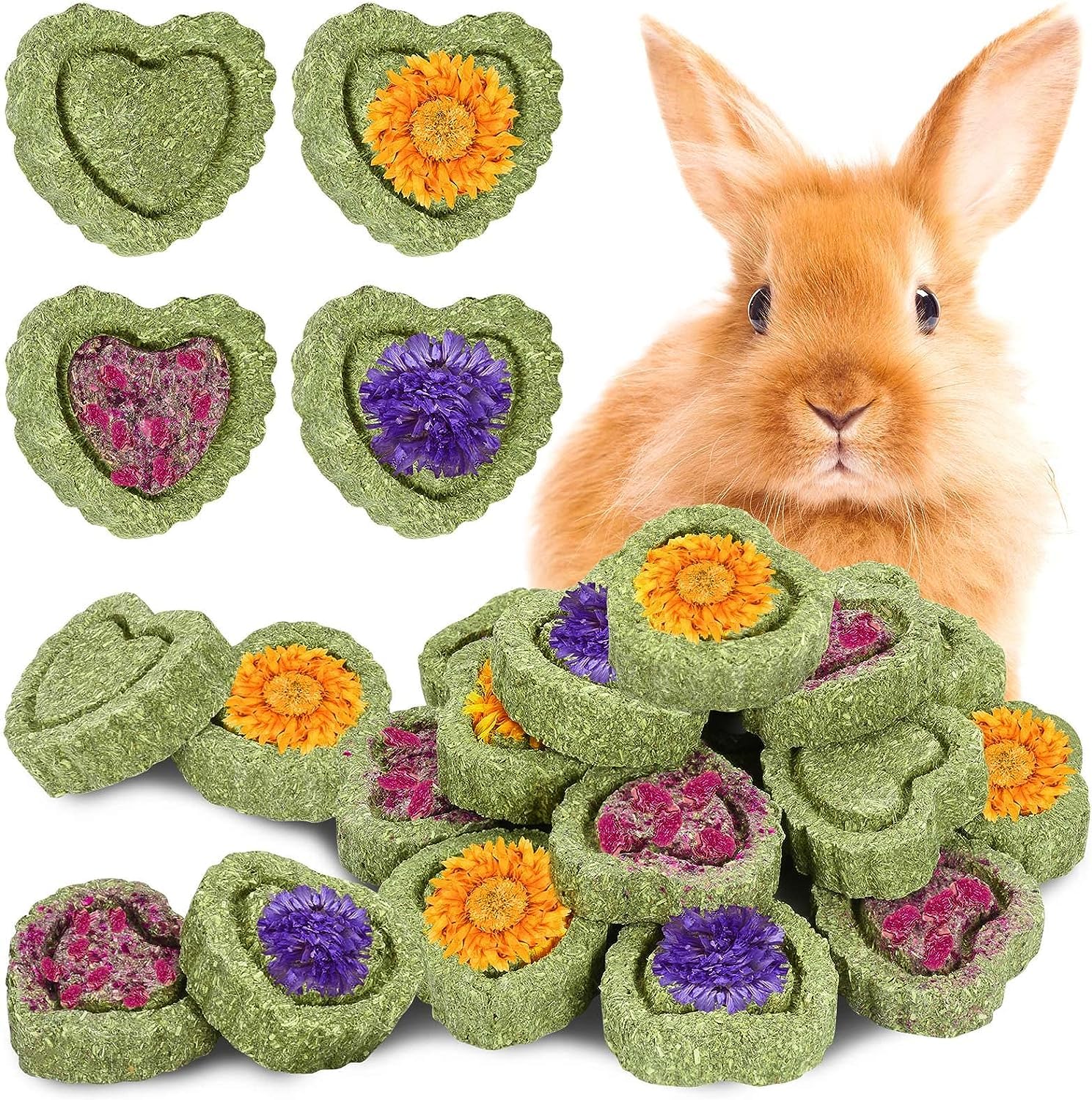 20PCS Bunny Chew Toys, Rabbit Treats for Bunny's Teeth, Natural Timothy Hay Cakes for Rabbits, Chinchilla, Hamster, Guinea Pig, Safe Rabbit Toys for Teeth