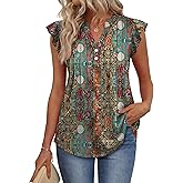 OFEEFAN Summer Tops for Women Button Down Blouses for Women Dressy Casual V Neck T Shirts Ruffle Sleeve