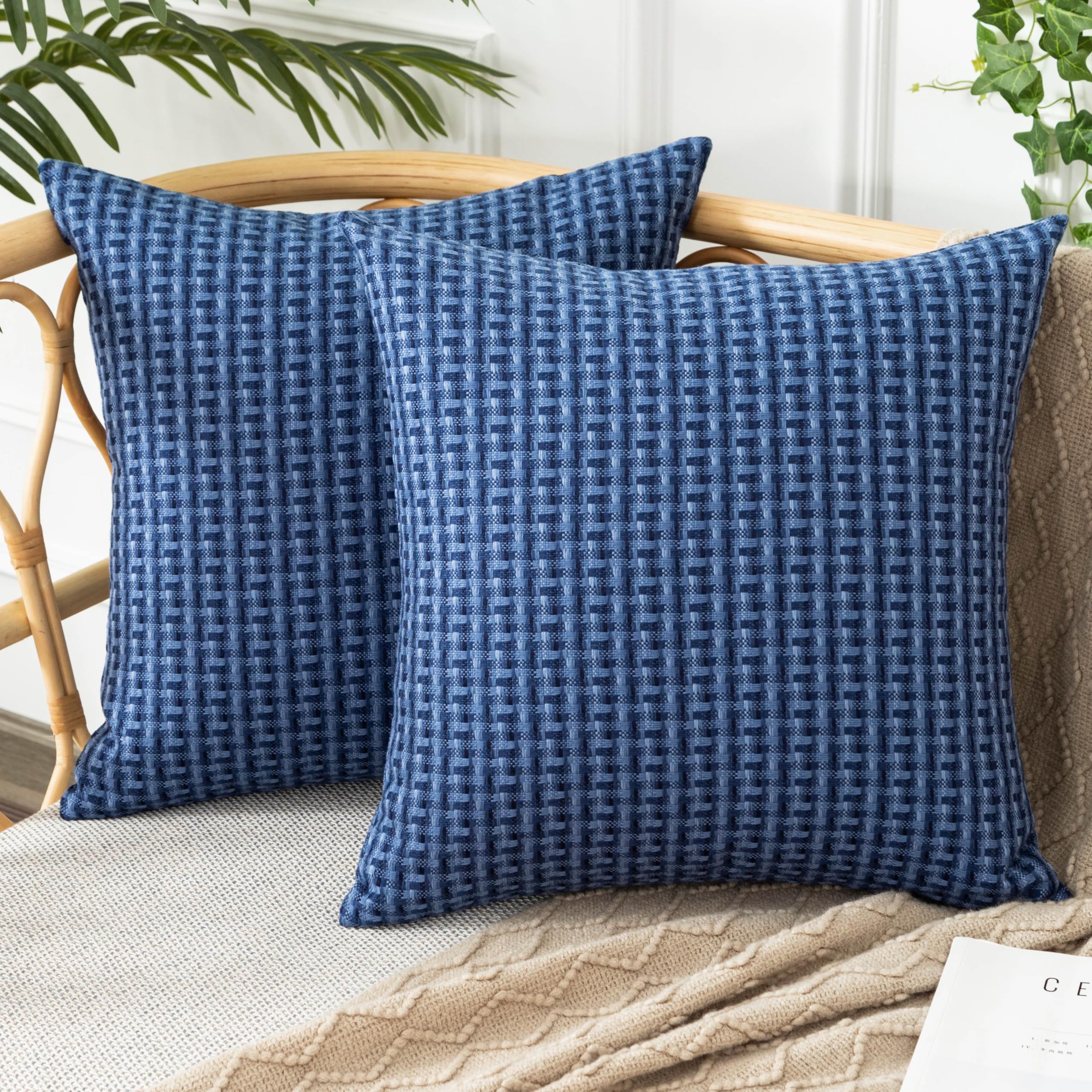 Photo 1 of UGASA Outdoor Waterproof Pillow Covers Pack of 2 Weaving Texture Water Resistant Outside Decorative Pillow Cases for Patio Garden Porch Yard Bench Tent 18x18 Inch, Navy Blue
