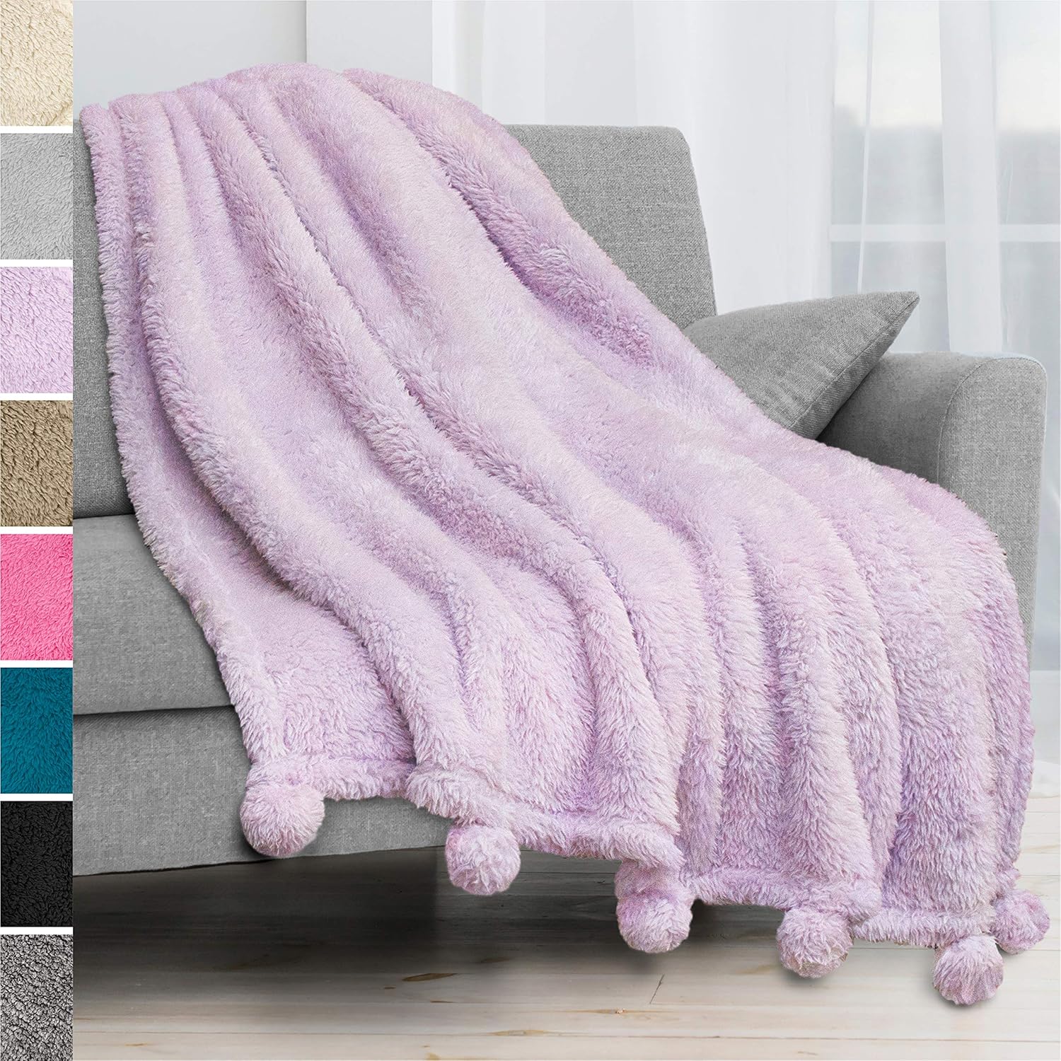 PAVILIA Plush Sherpa Throw Blanket with Pom Pom Fringe | Fluffy Microfiber Fleece Throw | Soft, Fuzzy, Cozy, Shaggy, Lightweight | Solid Purple Lavendar Blanket | 50 x 60 Inches: Home & Kitchen