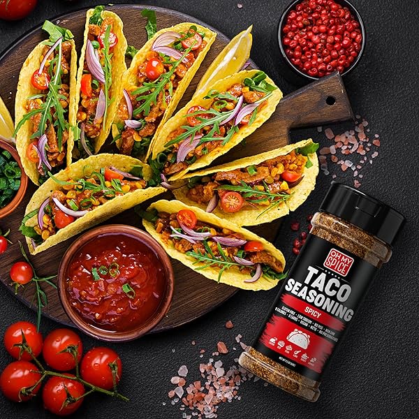 TACO SEASONING MIX SPICY CHILI POWDER – GLUTEN FREE & LOW SODIUM MEXICAN SEASONING BLEND FOR TACO TUESDAY NIGHT. FAJITA & BURRITO SPICY SEASONINGS. MEAT, CHICKEN & FISH TACOS HOT SPICES TOPPING. 4.5OZ