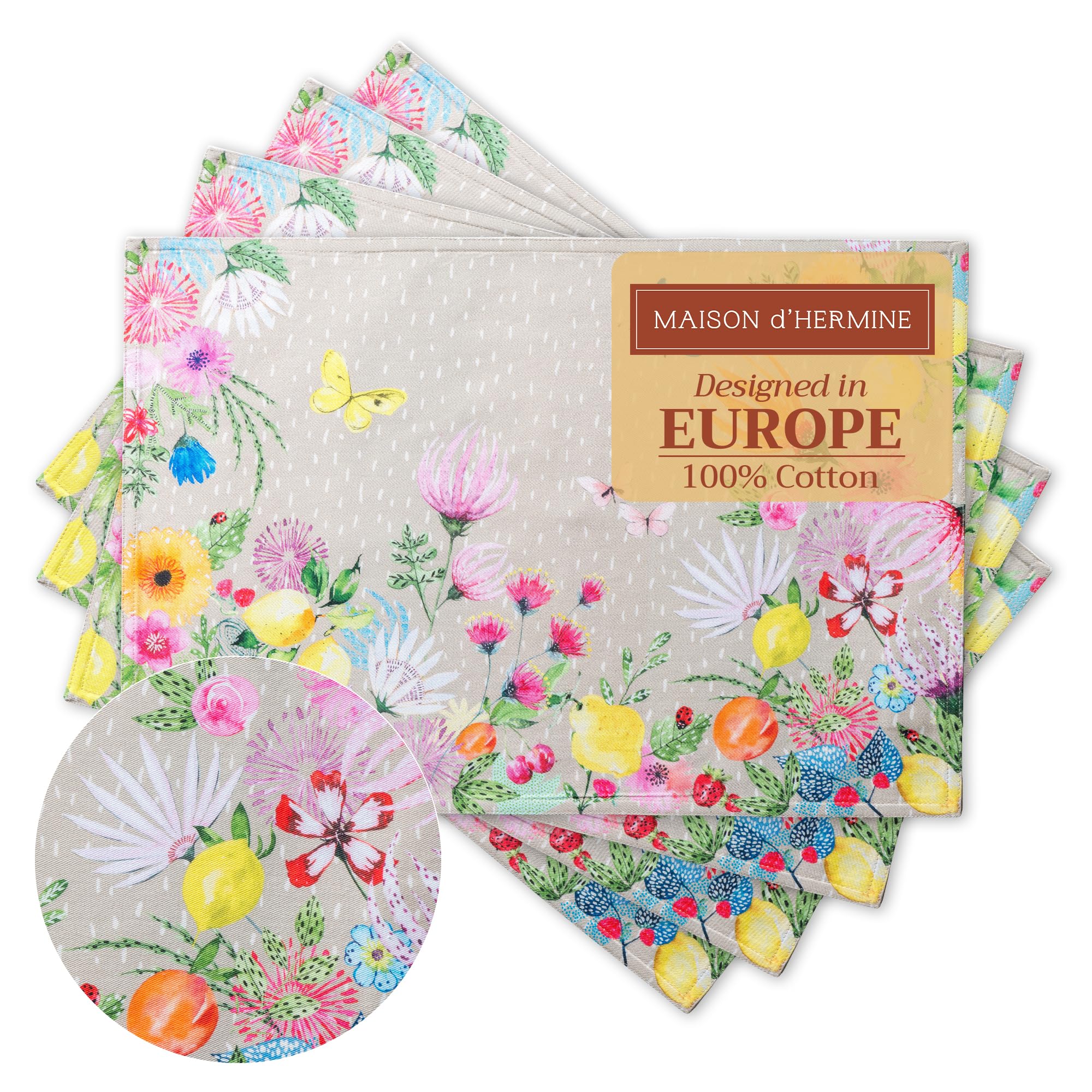 Maison d' Hermine Placemats Set of 4 100% Cotton Washable Reusable Table Mats for Home Kitchen Dining Party Wedding Restaurant Gifts for Mothers Day (Jardin D'Ete - Fog, 33 CM x 48 CM)