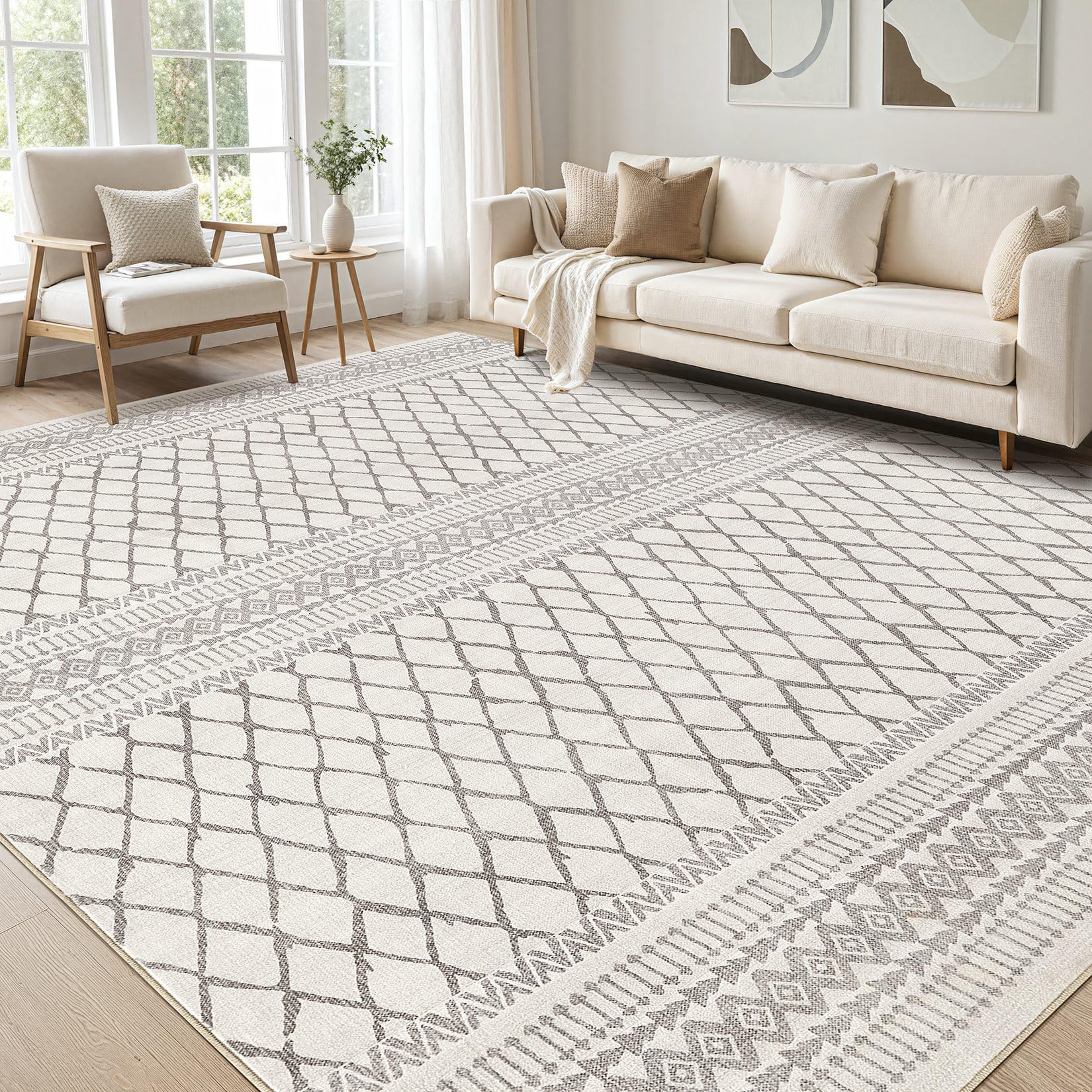 cotiled 10x12 Area Rug Living Room: Washable Boho Rugs with Non Slip Backing Large Soft Indoor Stain Resistant Carpet for Bedroom Farmhouse Dining Room Lightweight Home Decor Beige/Gray Image