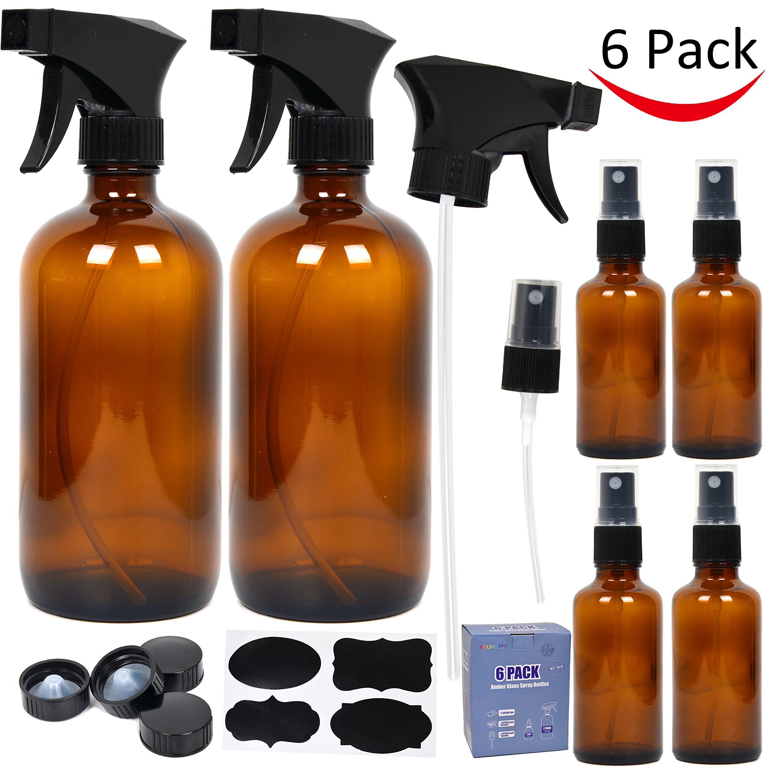 6 Pack Amber Glass Spray Bottles, 2 Pack 16 oz Empty Amber Spray Bottles and 4 Pack 2 oz Glass Amber Spray Bottles for Essential Oils