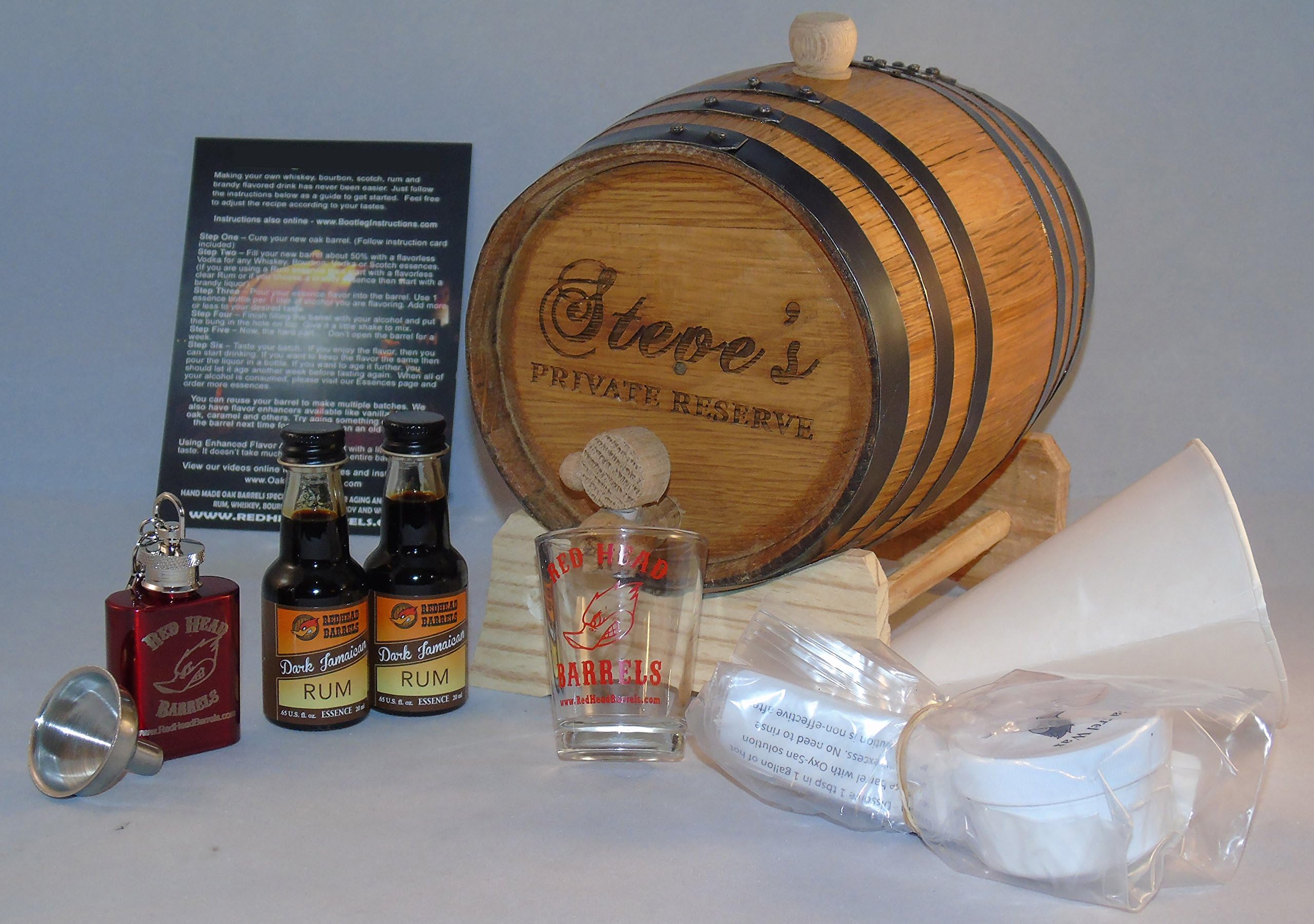 Red Head Barrels - 2 Liter Custom Engraved American White Oak Aging Barrel with Flavoring Gift Set, Free Shot Glass, Premium White Oak Wood Barrel & Homebrew Kit (Jamaican Rum)