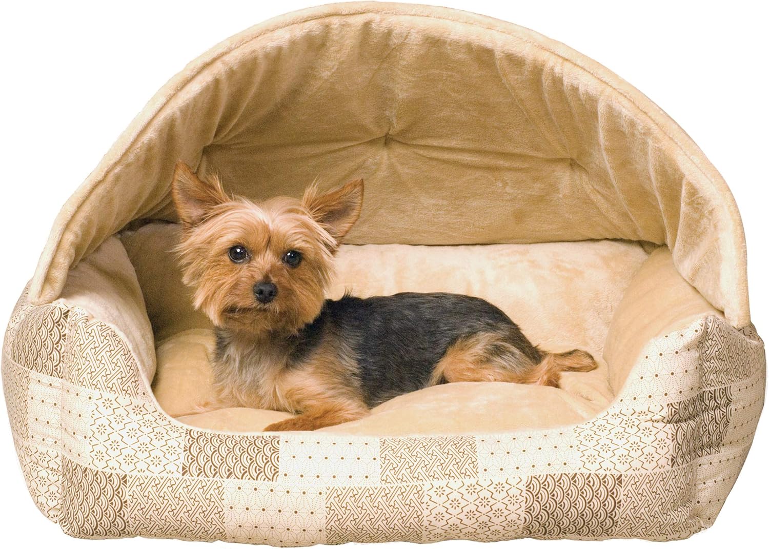 K&H Pet Products 7600 Hooded Lounge Sleeper Pet Bed Tan Patchwork Print 20" x 25" : Pet Supplies