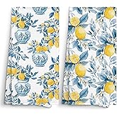 Sviojuce Italian Lemon Kitchen Bathroom Towels Decor 16x24 Set of 2, Vintage Blue and White Hand Towel Decorative Gifts, Mediterranean Fruit Dish Towels Cloths Dishcloths Tea Towel