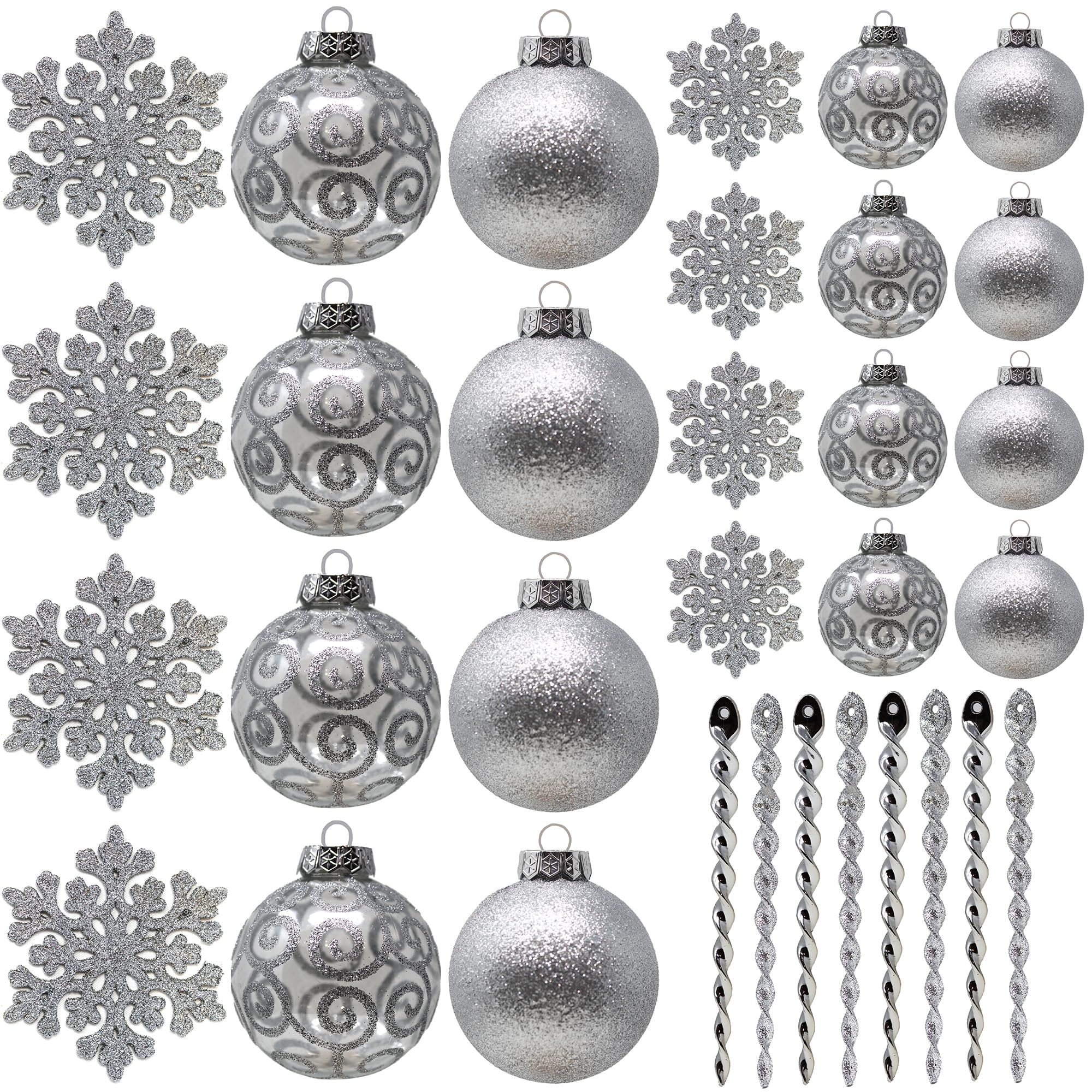 SLEETLY 32pk Christmas Baubles for Tree Holiday Xmas Decorations, Shatterproof Plastic Inch Glitter Bauble Ornaments, Icicles and Snowflakes Set, Silver (DEFECTIVE UNITS)