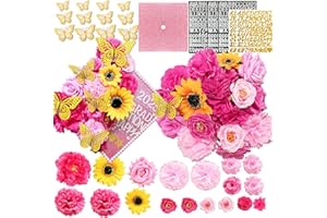 AQNJC 44 PCS Graduation Cap Decorations Including 3D Fake Flowers Butterfly Silver Gold Letter Pearl and Gem Stickers Glitter Cardstock for DIY Grad Cap Topper