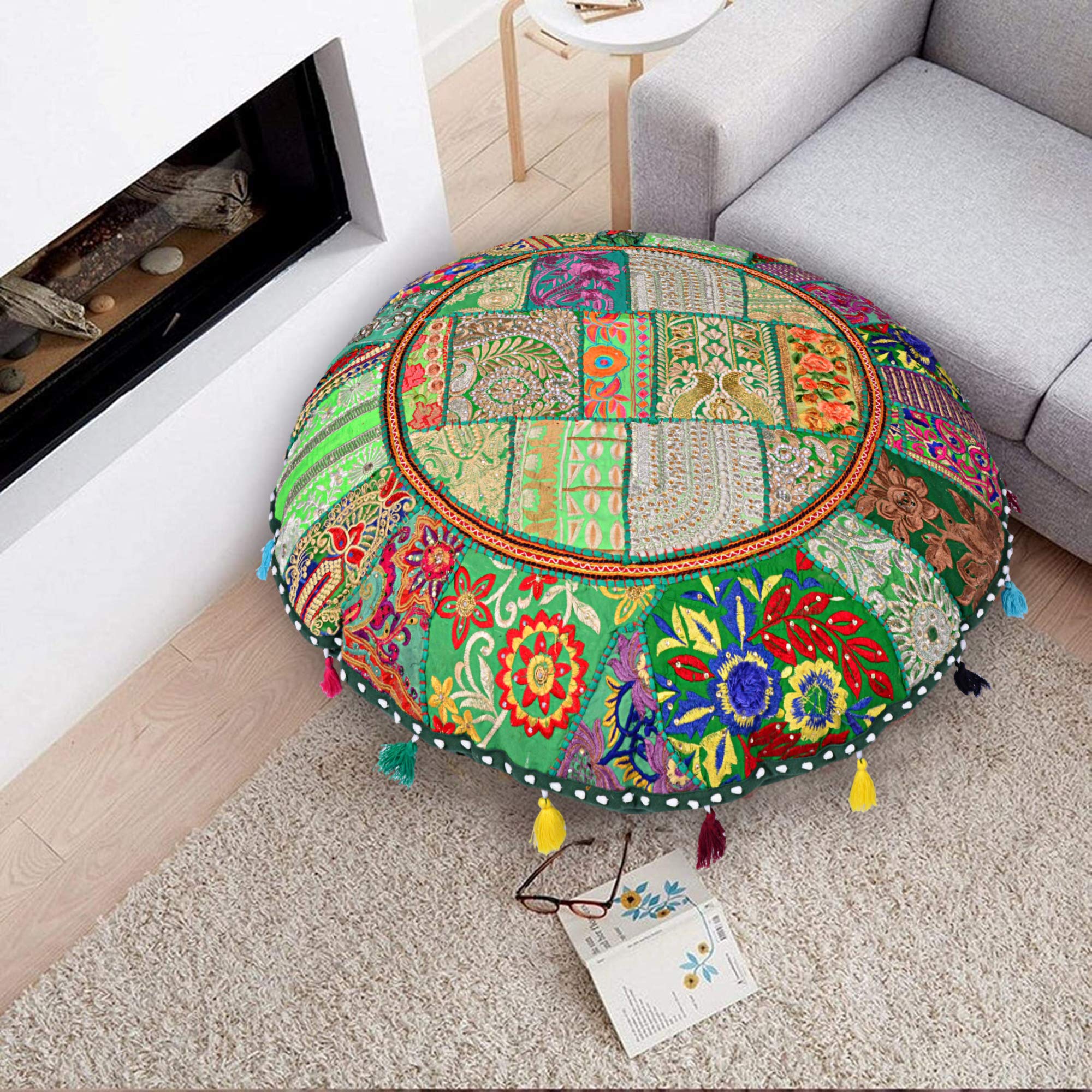 Rajasthani Vintage Patchwork Cushion Cover Embroidered Floor Pillowcase Khambadiya Pouf Cover Boho Meditation Pouf Footstool Cover Home Decor Tassels Pillow Sham (Green, 32X32 Inches)