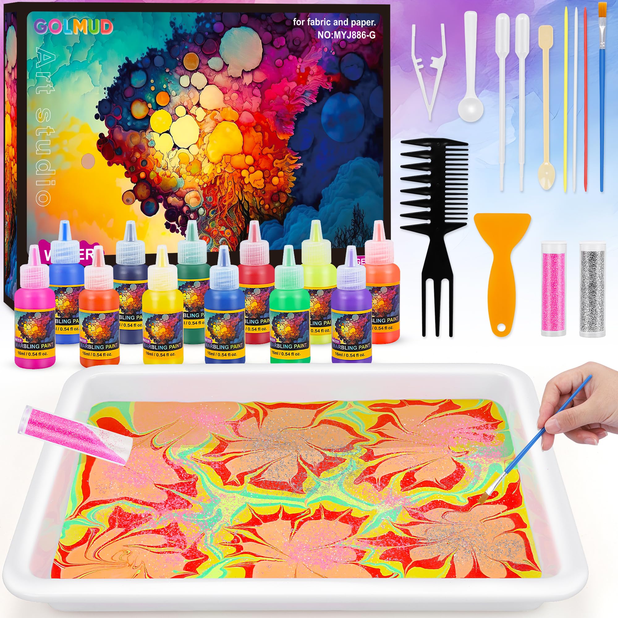 GOLMUD 12 Colour Water Marbling Paint Kit for Kids, Art and Craft Kits for Girls and Boys,Paint Craft Kits Creative Toys Birthday Gift for Kids 6 7 8 9 10 11 12 Year Old
