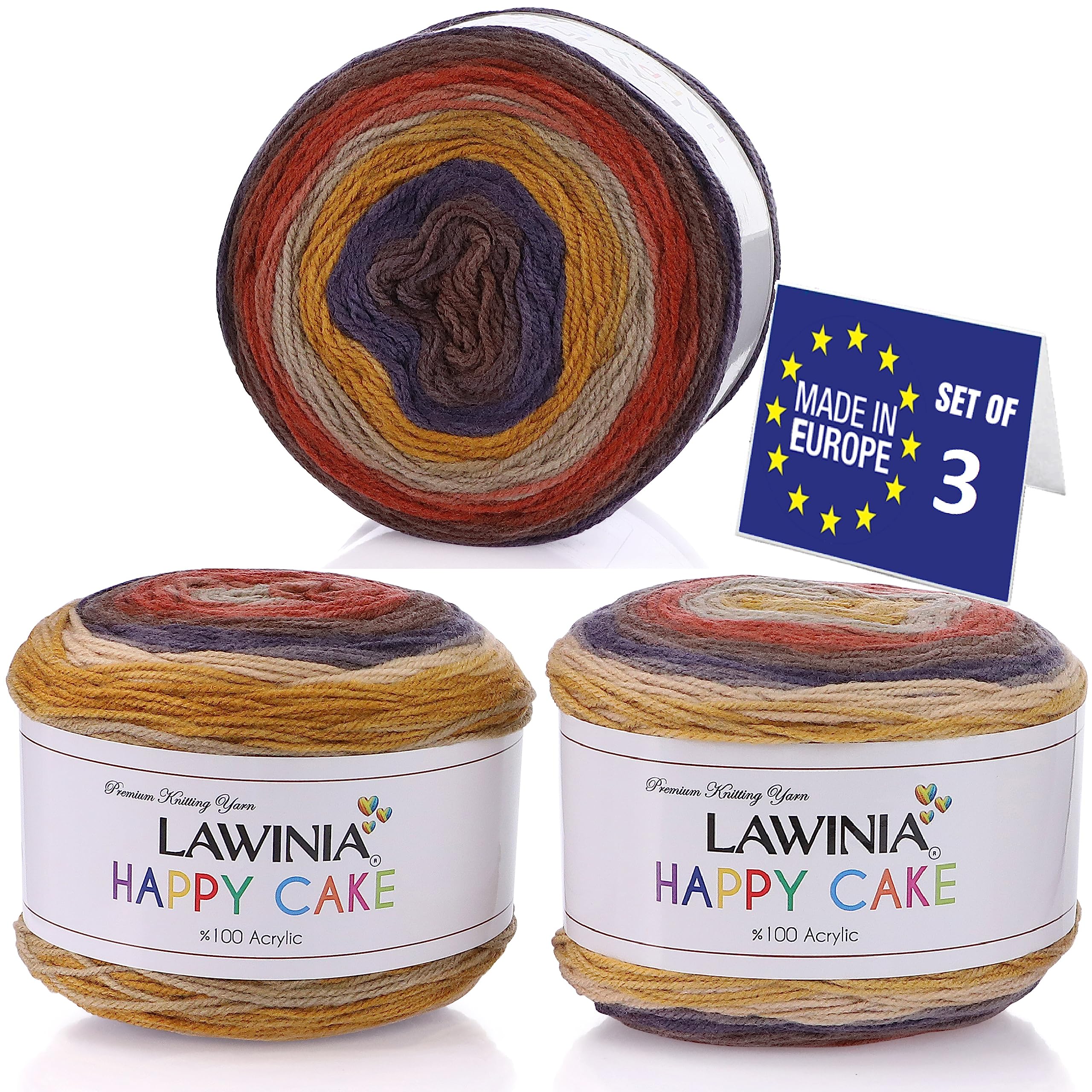 LAWINIA Happy Cake Premium Rainbow Yarn DK, Pack of 3 Each 150g - 530m Cake DK Knitting Yarn, Gradient Rainbow Wool for Knitting, Multicoloured Wool