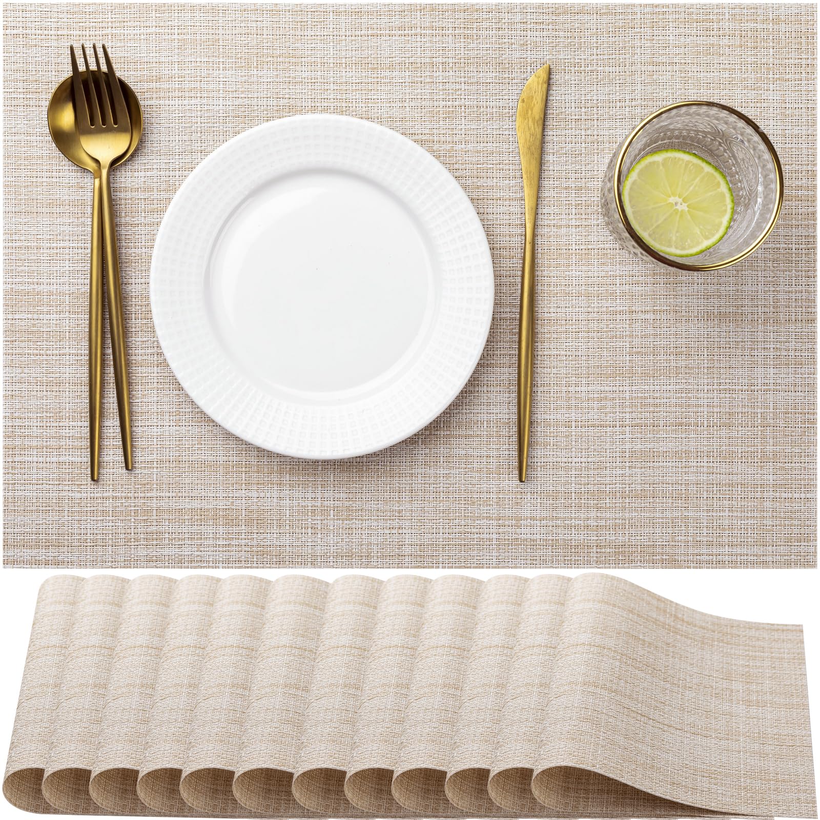 LEXMORE Placemats Set of 12 Vinyl/Plastic Woven Place Mats for Kitchen Table Indoor/Outdoor Washable Placemat Wipeable Dining Table Mats(A-Beige) Image