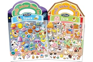 Elfew 2 Pack 3D Puffy Sticker Books for Kids 2-4, Reusable Puffy Stickers for Toddlers, Farm Space Theme Sticker Activity Books, Cute Sticker for Toddler 2-4, Kids Sticker Gifts and Rewards