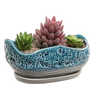 MyGift Turquoise & Gray Clover Design Ceramic Flower Plant Pot/Decorative Centerpiece Planter with Saucer