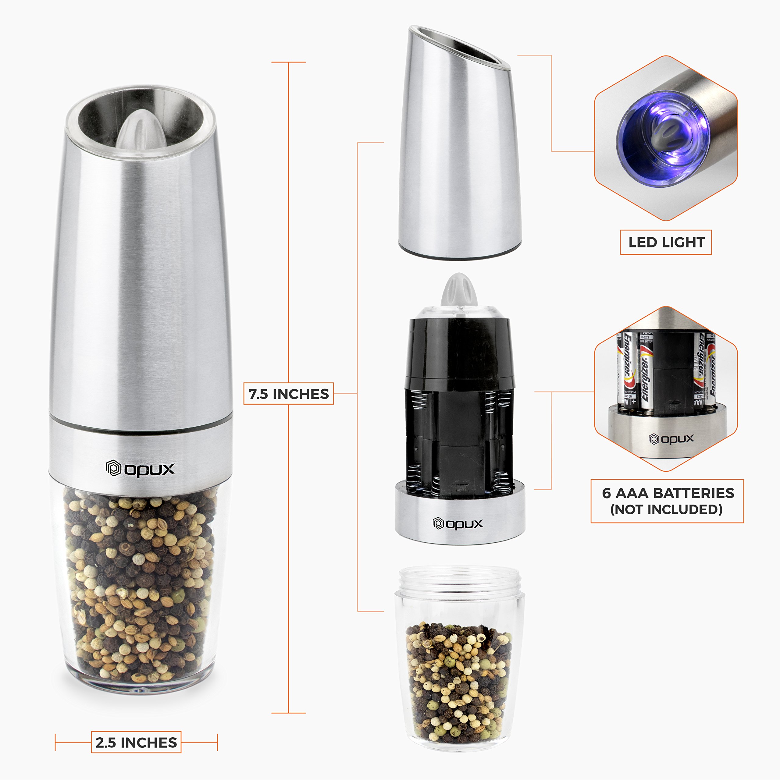 Premium Electric Gravity Style Salt Pepper Grinder Set by OPUX Automatic 819594021168 eBay