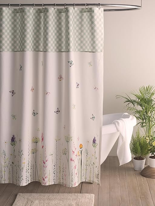 Threshold Shower Curtain Green Botanical Floral White 100 Cotton 72 in X 72 in Shower Curtains
