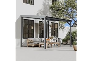 Domi 8'x10' Wall Mounted Hardtop Gazebo, Connectable Lean to Pergola with Gutters & Galvanized Steel Roof, 60MPH Wind Resista