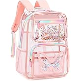 Clear Backpack for School,Large Bookbag Heavy Duty See Through Butterfly Backpacks for Girls Stadium Approved Daypack Transparent Shoulder Bags for Students,Teens,Women,Work,Travel,Concert Pink