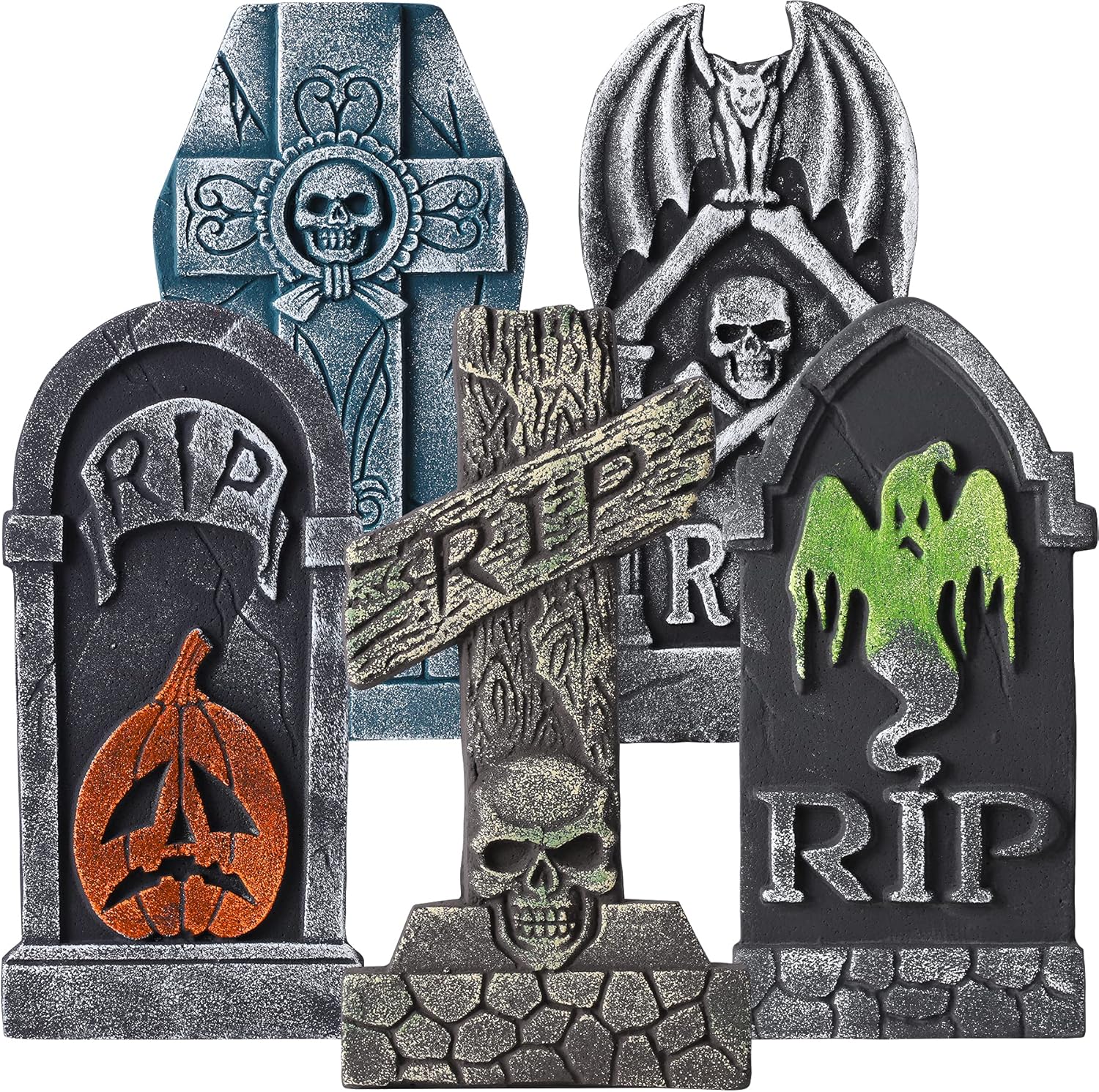 Yard Signs - 17” Halloween Foam RIP Graveyard Tombstones 5 Pack Headstone Decorations and 12 Bonus Metal Stakes Spooky Halloween Yard Decorations for Outdoor & Indoor Tombstone Decorations