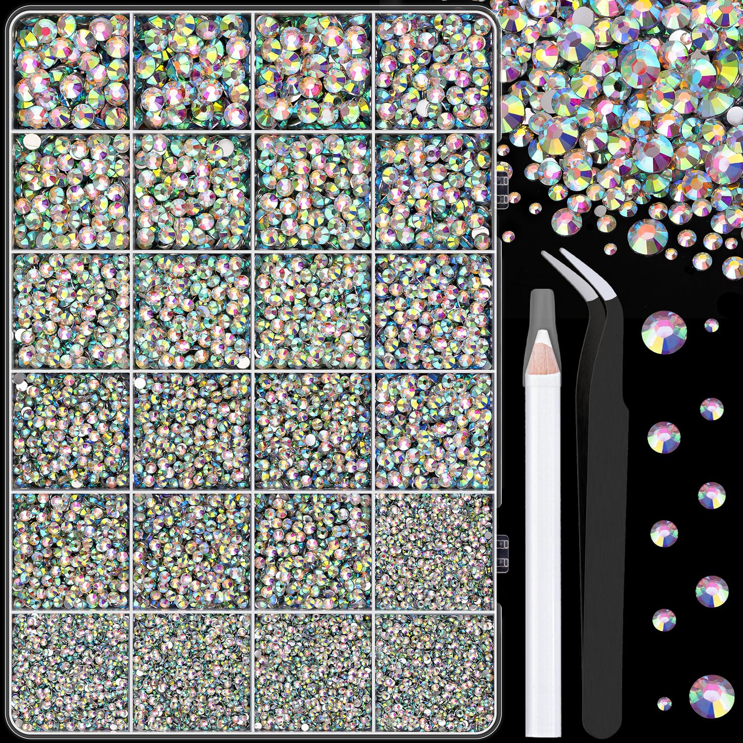 Photo 1 of 25000Pcs Resin Rhinestones with Tweezers for Crafting, AB 2-6mm Mixed Sizes Non Hotfix Flatback Gems, Bedazzling Crystal for DIY Craft Clothing Mugs Tumblers Shoes Fabric Decor Nail Art