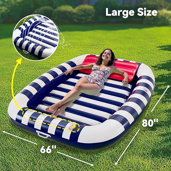 POOL WAVE INFLATABLE POOL LOUNGER FLOATS W/WATER SPRINKLER, 80″ X 66″ LARGE TANNING BED FOR ADULT KIDS, OUTDOOR SUN BATHING FLOATING BLOW UP RAFT W/PILLOW, SUMMER BEACH LAKE FAMILY PARTY GIFT – BLUE