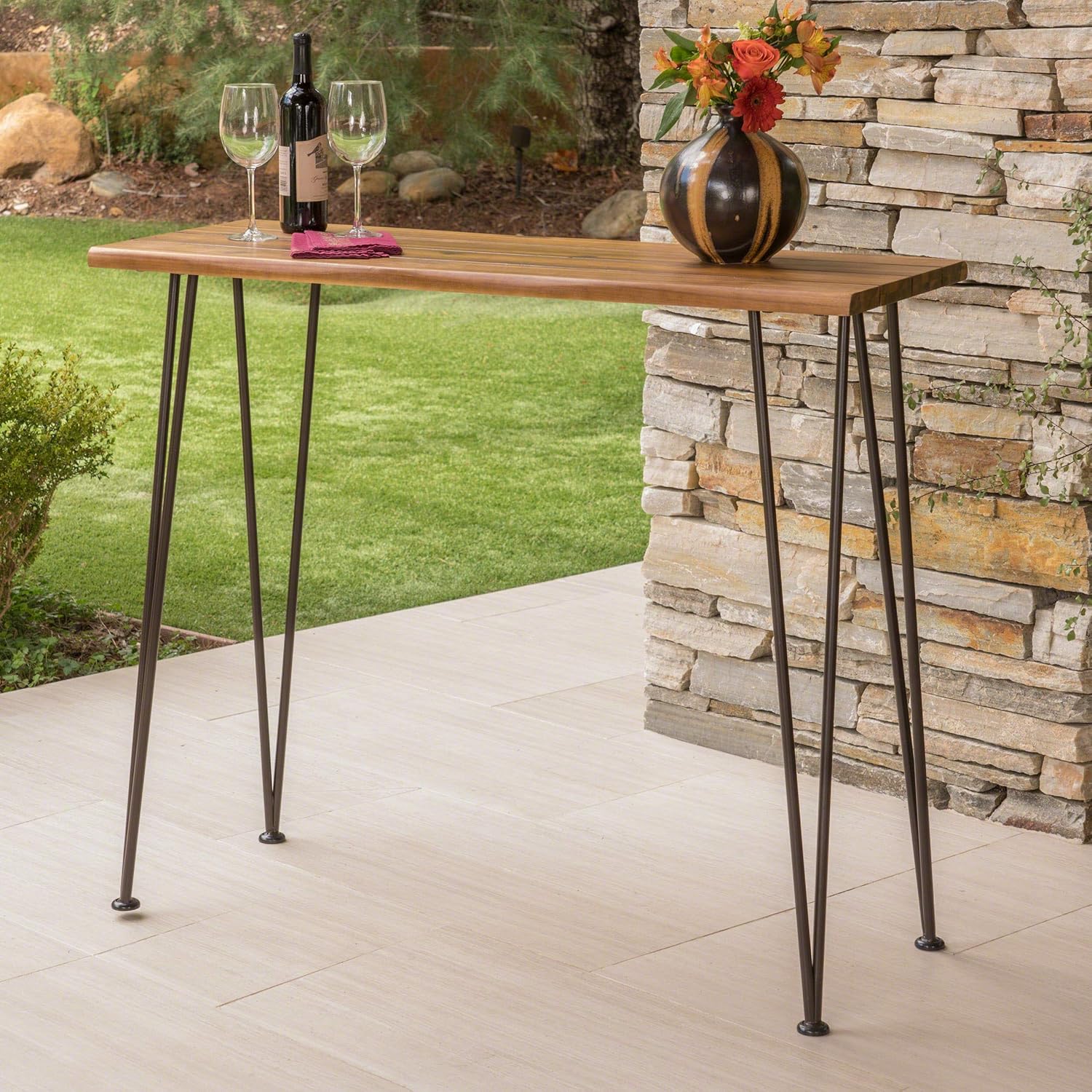 Christopher Knight Home Denali Ouotdoor Industrial Acacia Wood Bar Table with Iron Frame, Teak Finish / Rustic Metal: Furniture & Decor