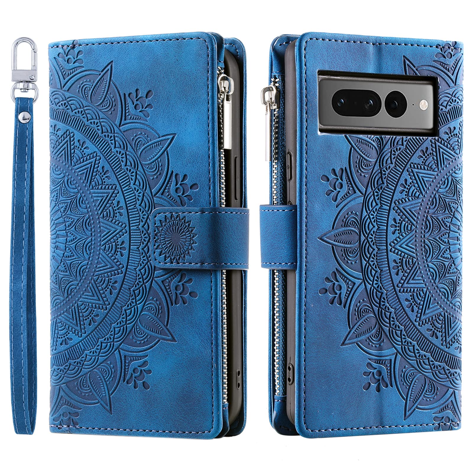 VEEMOS Wallet Case for Google Pixel 7 Pro Flower Flip Case Protective Leather Folio Book Phone Cover with Card Slots Kickstand Zipper Pocket - Blue