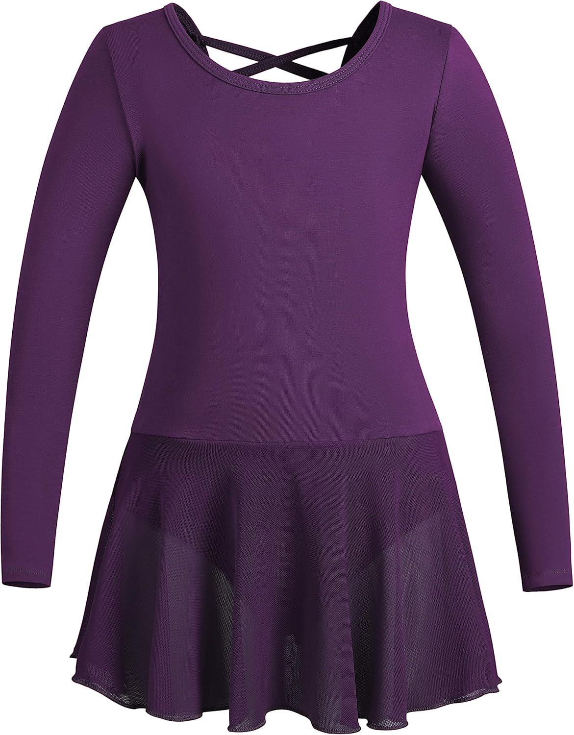 Girls Long Sleeve Dance Ballet Leotard Dress with Graceful Cross Back & Attached Skirt: Clothing