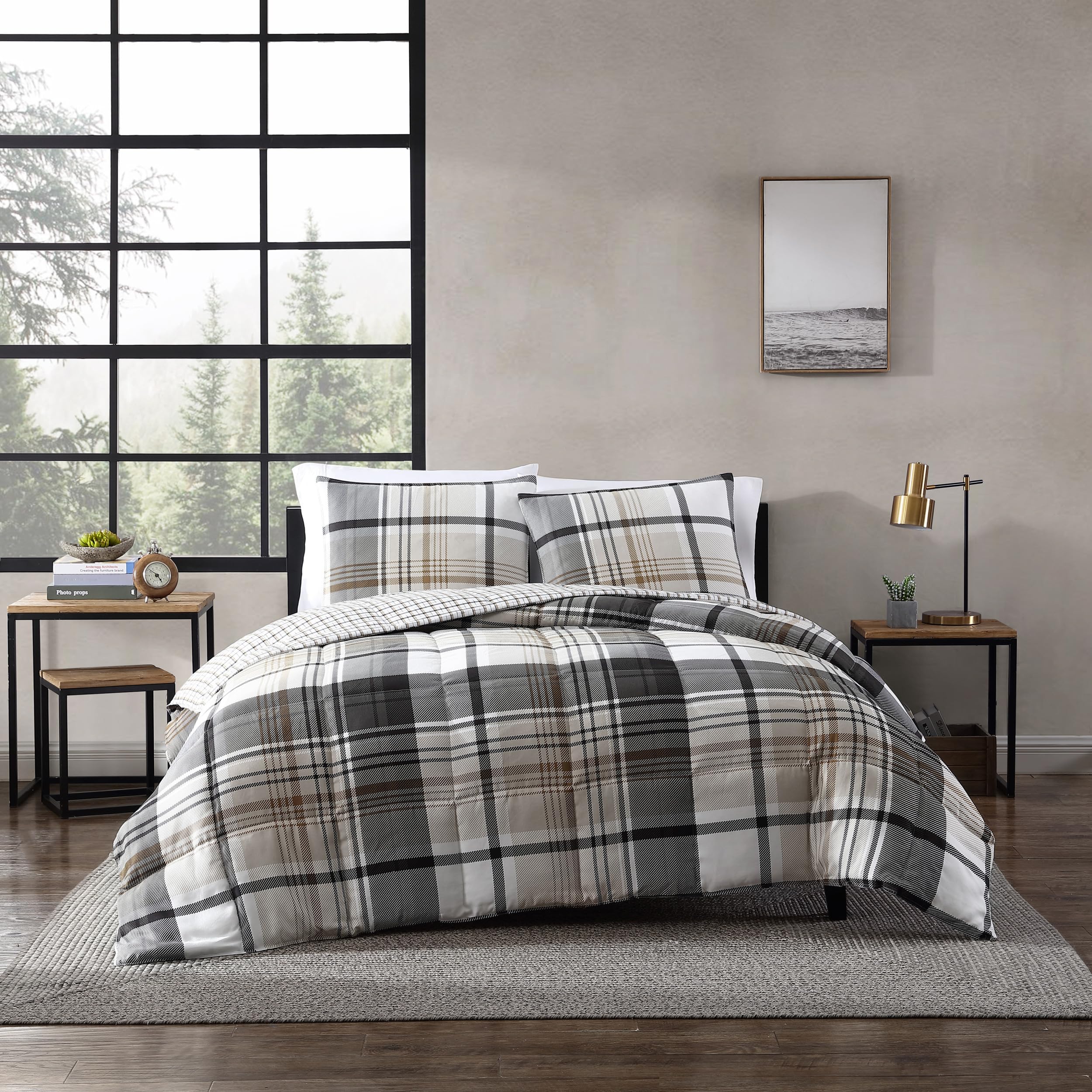 Eddie Bauer – King Comforter Set, Plaid Reversible Bedding, Stylish & Warm Home Decor (Normandy Grey, King)