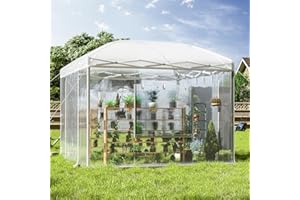 Specraft 10×10×8.5 FT Outdoors Pop-up Greenhouses with Adjustable Reinforced Frame, Portable Walk in Greenhouse with 2 Roll-up Zipper Door, Mesh Windows, PE Cover, White