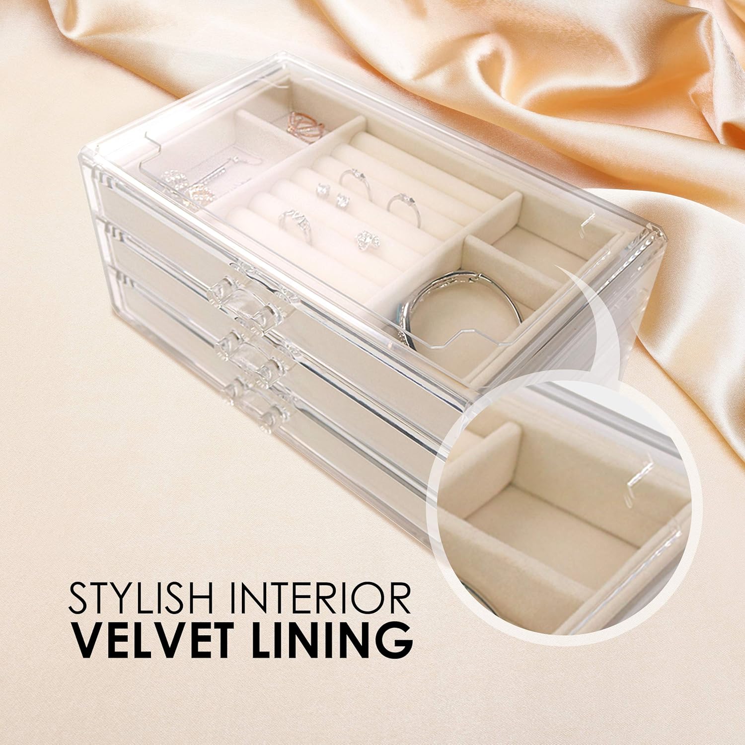 Acrylic Jewelry Organizer Box Women – 3 Drawers Clear Storage Case for Girls – Bracelet, Necklace & Ring Holder with Velvet Lining by Simple Goods: Home Improvement