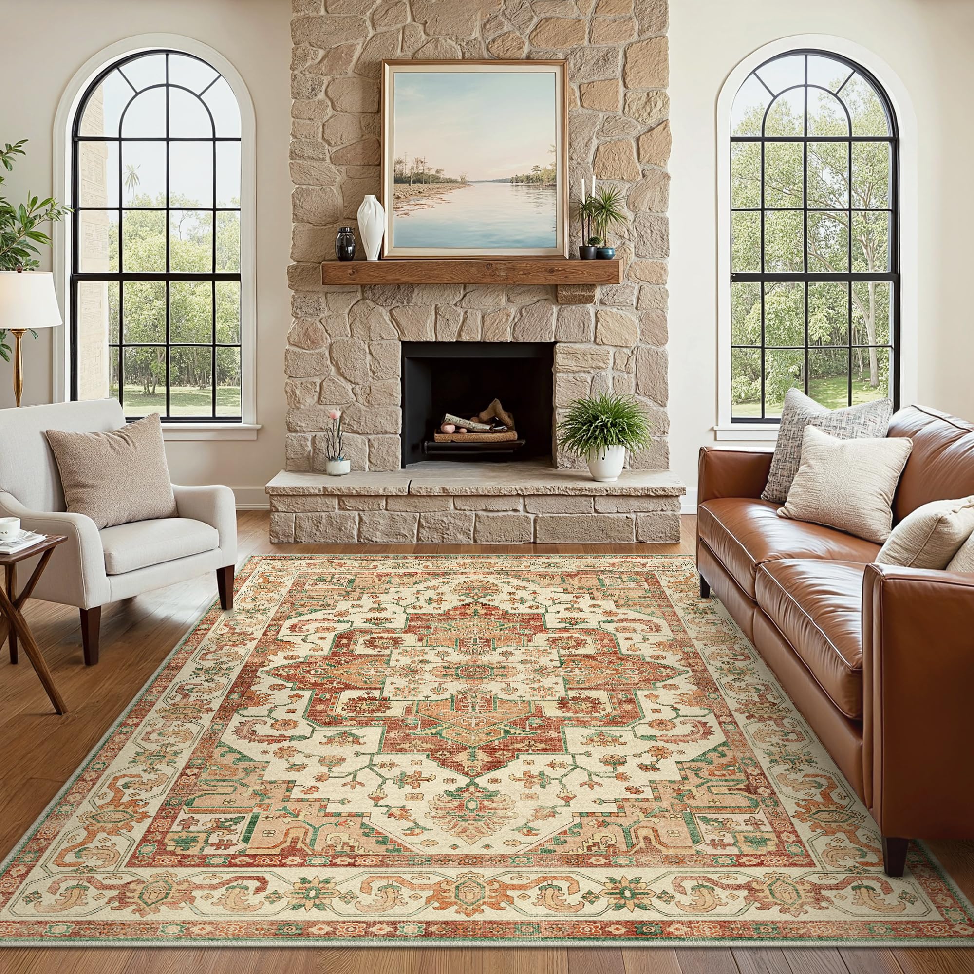 Photo 1 of Bavni Area Rug 3X5, Lightweight Foldable Living Room Rug, Ultra-Thin Non Slip Machine Washable Rug, Low Pile Non Shedding Rugs for Bedroom, Laundry Room, Orange Red/Green