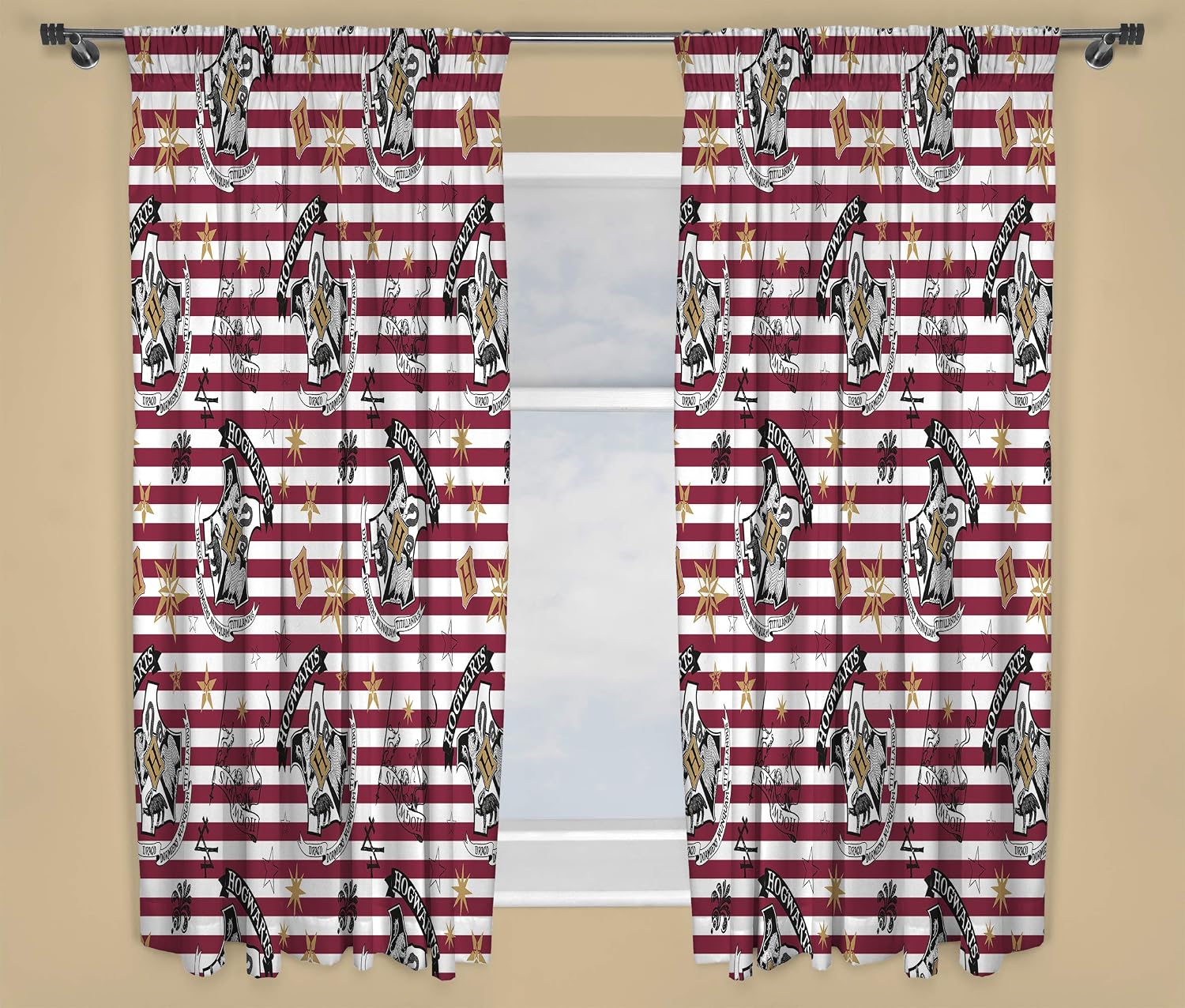 Harry Potter 'Muggles' Bedding (66 x 72 Curtains), Maroon/Gold Striped, W 66" x L 72" (1 Panels)