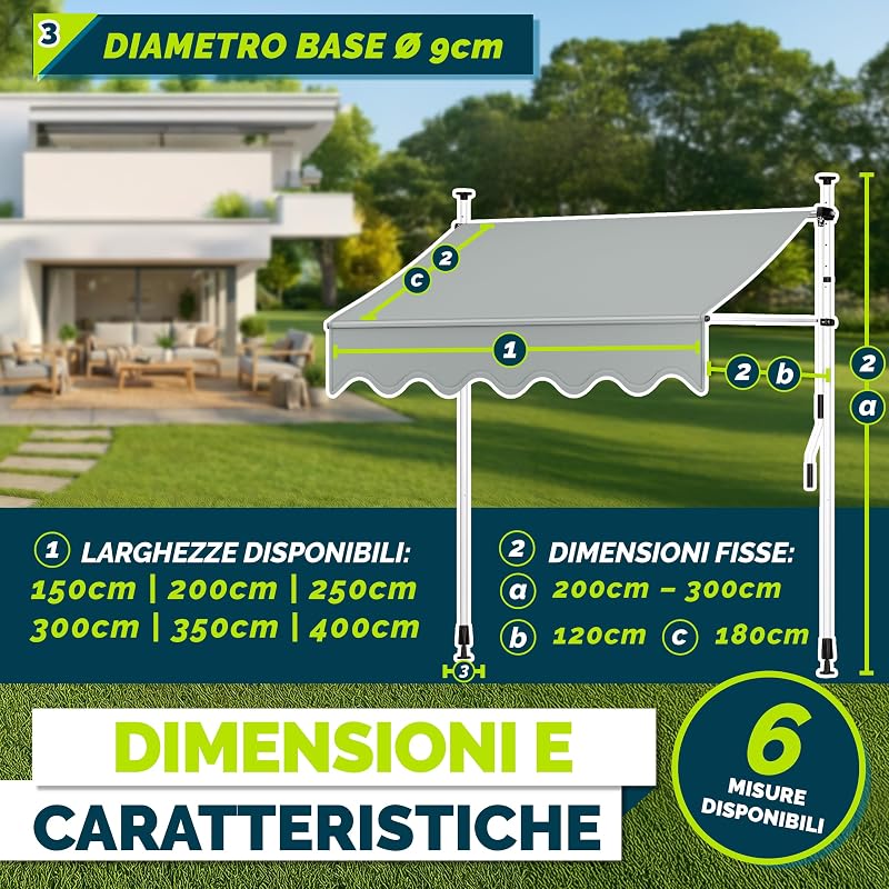 Tenda da Sole a Bracci con Manovella | Protezione Balcone, Regolabile, Senza Forare, a Manovella | Tenda resistente per Esterno (Grigio chiaro, 250cm)