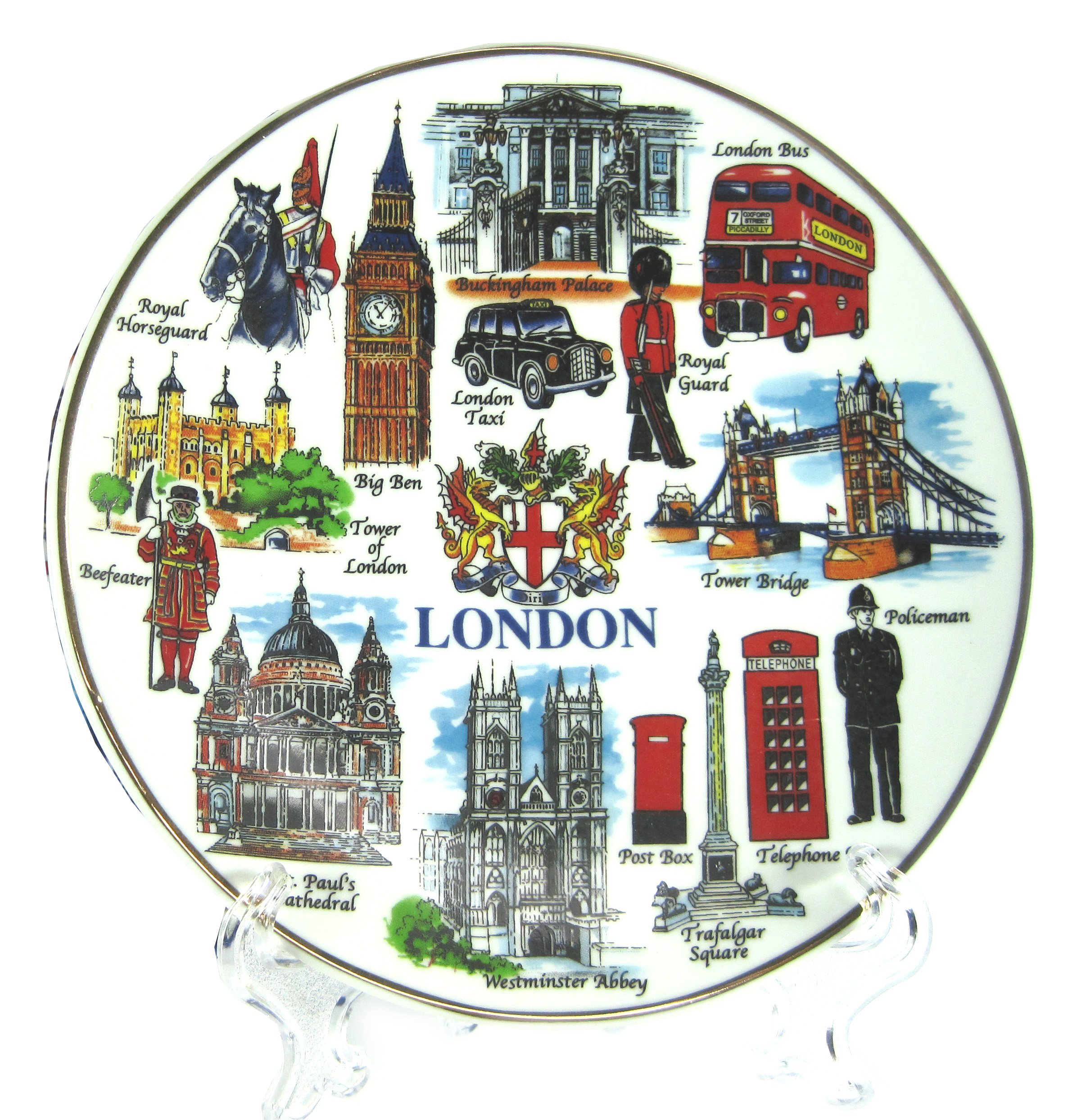 Decorative Plates Fine Porcelain with London Popular Scenes and Icons - London Collectable Souvenir (Small - 10 cm, Multi Colour - Coat of Arm)