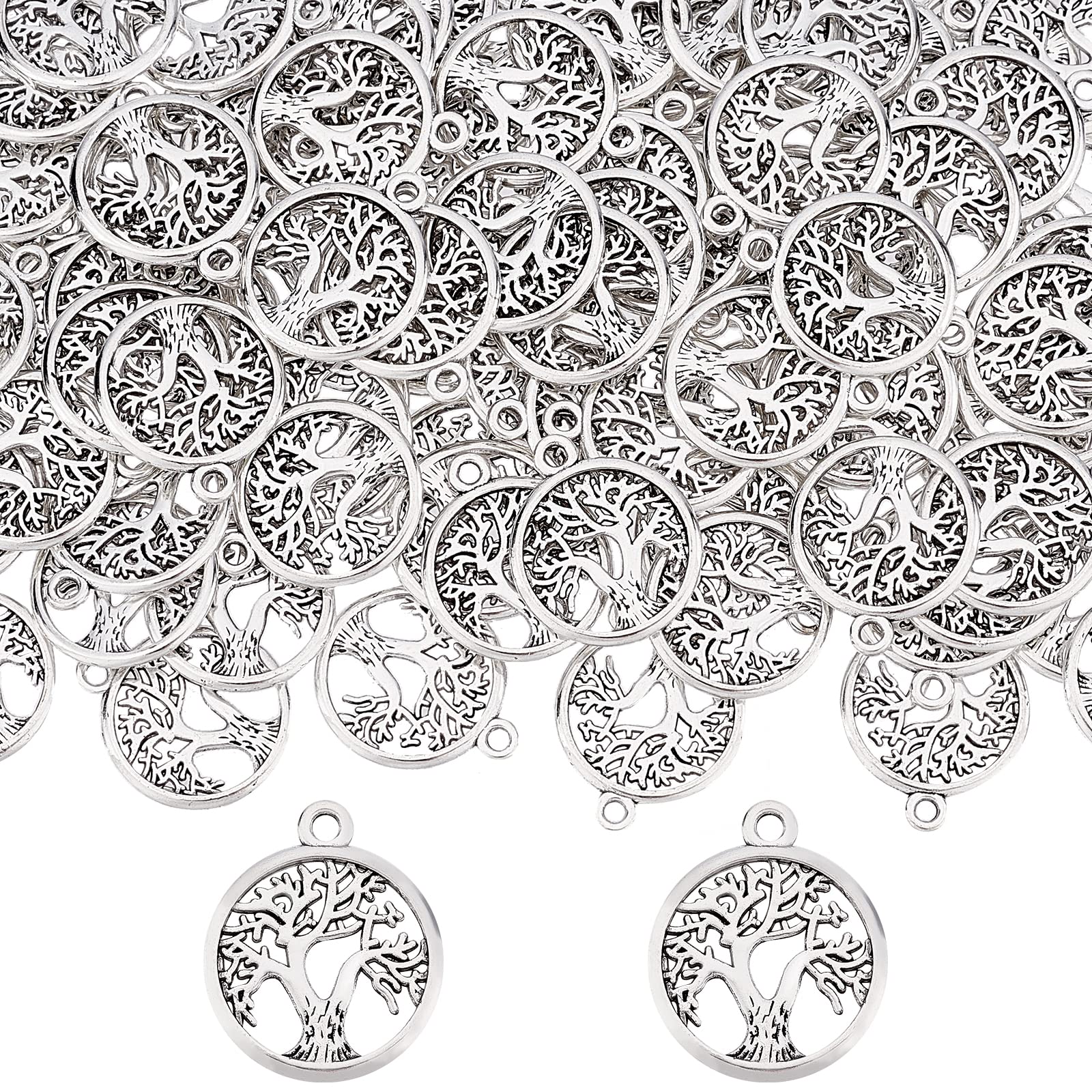 SUNNYCLUE 1 Box 100 Pcs Tree of Life Charms Bulk Tibetan Style Flat Round Spring Plant Trees Charm for Jewellery Making Charms DIY Craft Dangle Necklace Bracelet Earrings Accessory Supplies Findings — image 1