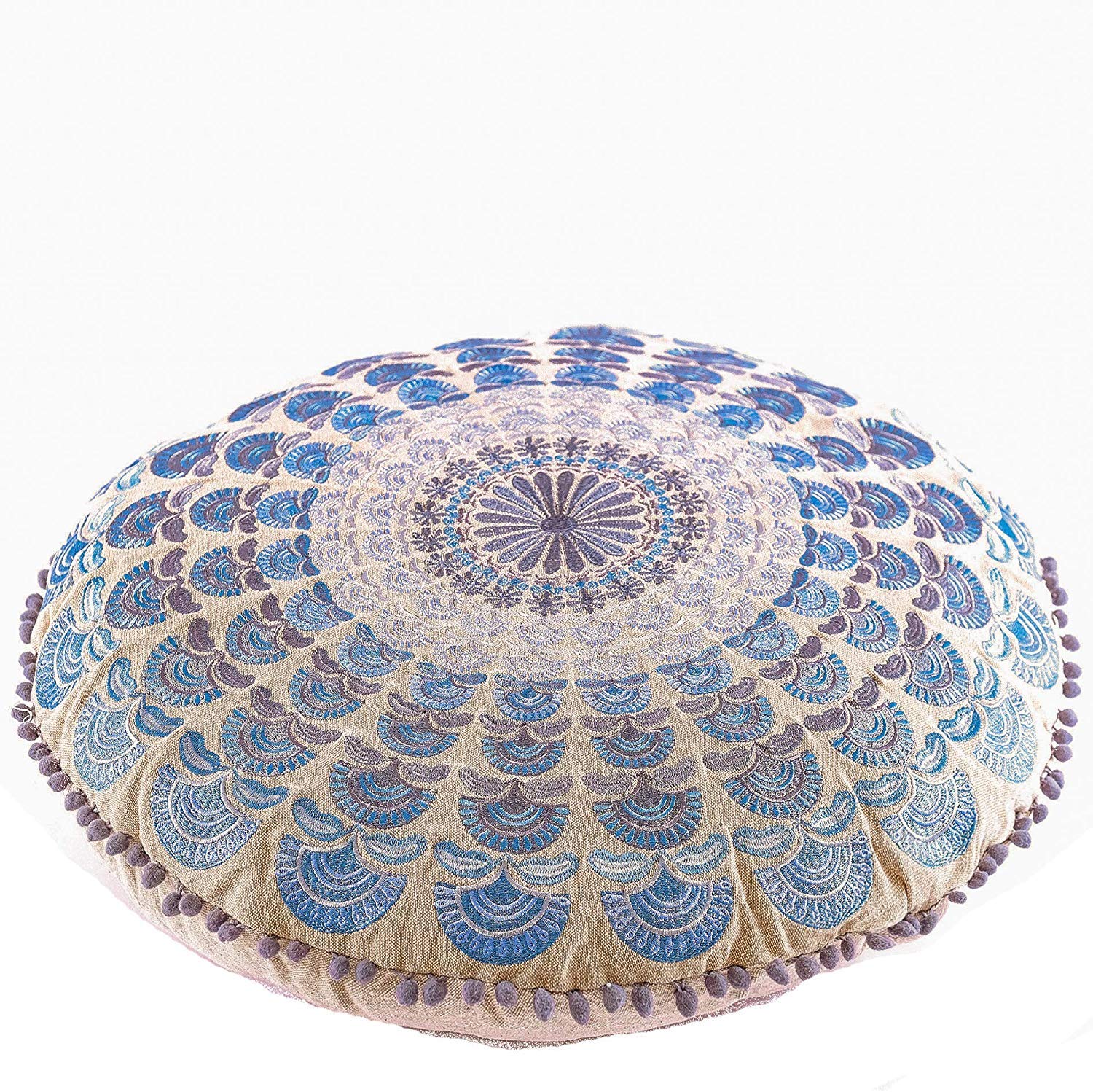 Mandala Life ART Black Round Velvet Pouf Cover - Soft Embroidered Ottoman Slipcover with Moroccan Design, 24 Inch Diameter, Ideal for Living Room, Bedroom, or Meditation Space - Floow Pillow Cushion