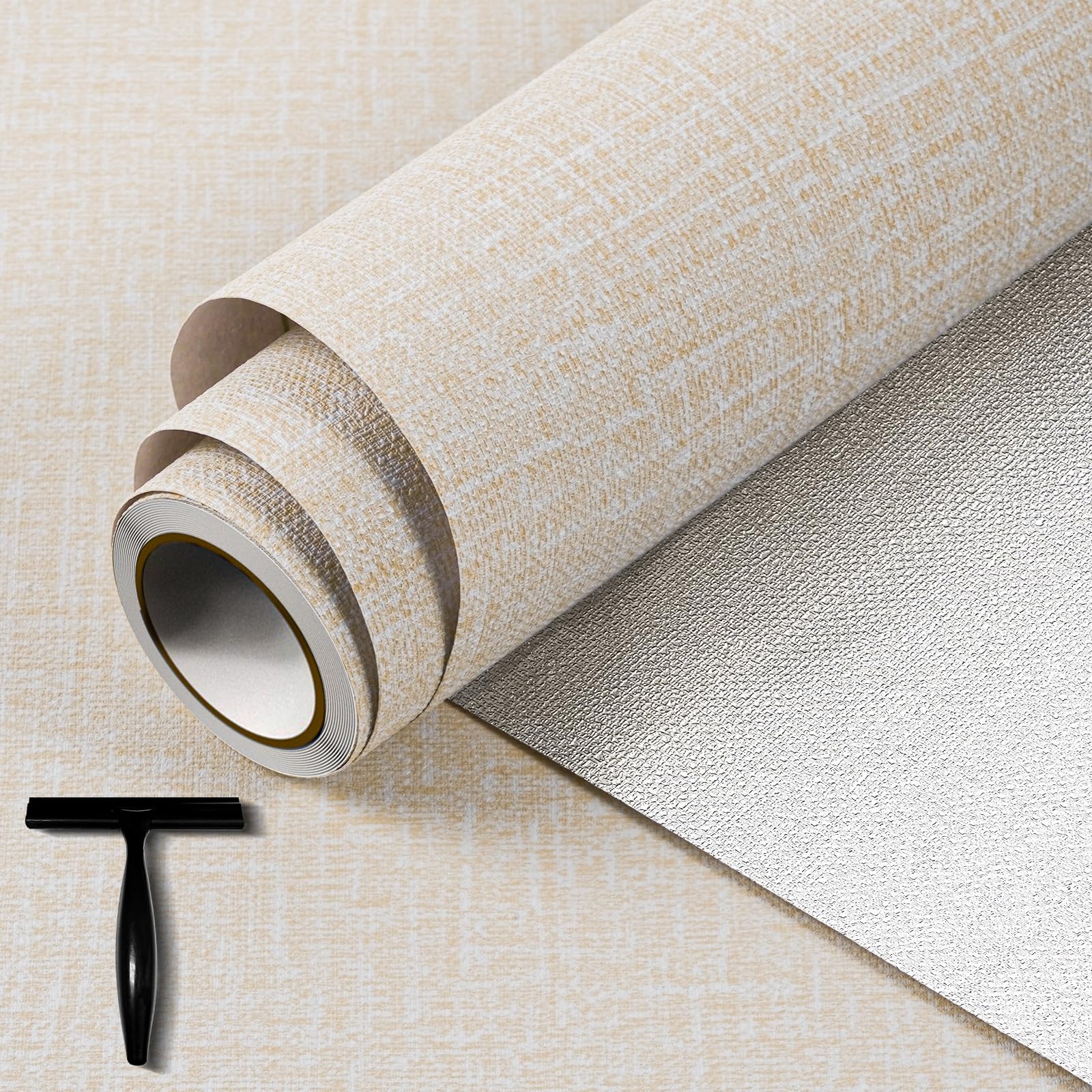 Photo 1 of WADILE Wallpaper Peel and Stick for Cabinets and Removable Wall Paper, Texture Adhesive Removable Contact Paper for Bathroom Garage Living Room 196.9? × 15.8? Beige