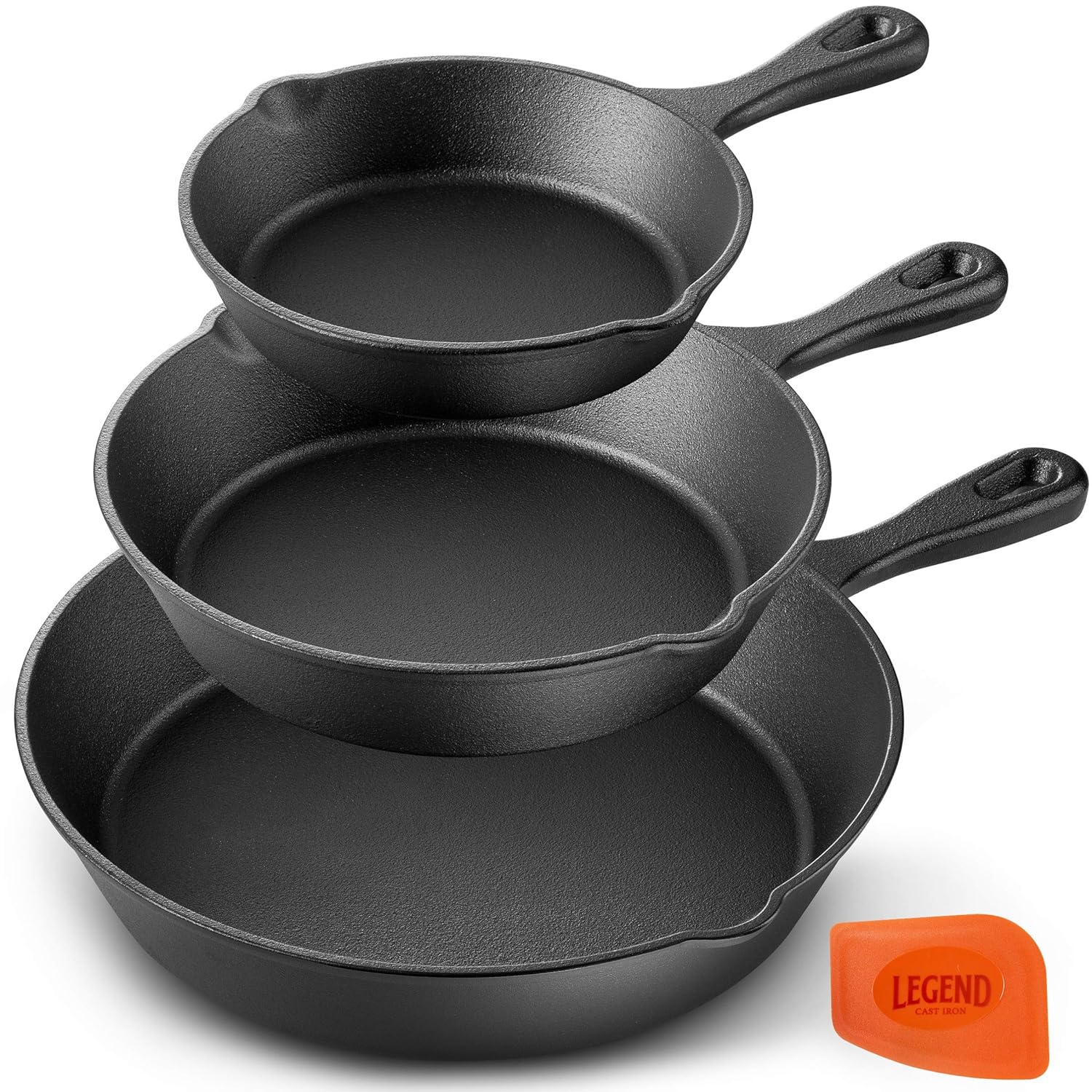 Legend Cast Iron Skillet Set of 3 CHEF'S TRIO | Cast Iron Pan Set of 6”, 8” & 10” | Cast Iron Frying Pans for Cooking, Baking & More | Oven & ... Legend Cast Iron Skillet Set of 3 CHEF'S TRIO | Cast Iron Pan Set of 6”, 8” & 10” | Cast Iron Frying Pans for Cooking, Baking & More | Oven & ... -