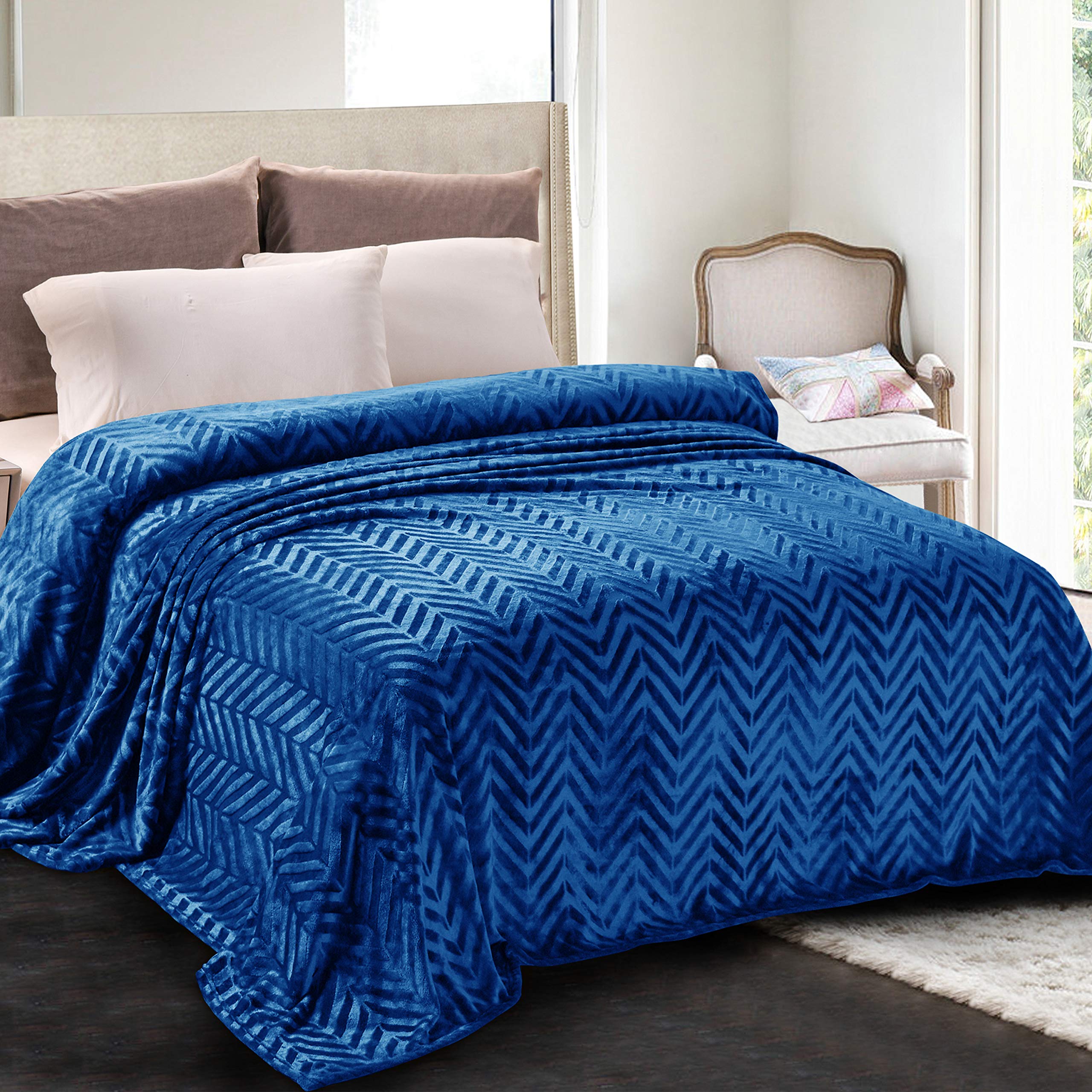 Photo 1 of Whale Flotilla Flannel Fleece Queen Size Bed Blanket, Soft Velvet Lightweight Bedspread Plush Fluffy Coverlet Chevron Design Decorative Blanket for All Season, 90x90 Inch, Royal Blue
