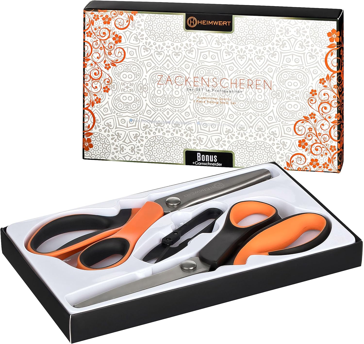 HEIMWERT Profi Zackenscheren 2er Set aus hochwertigem Edelstahl für Zackenschnitt Wellenschnitt in Geschenkbox inkl. Garnschneider als Bonus