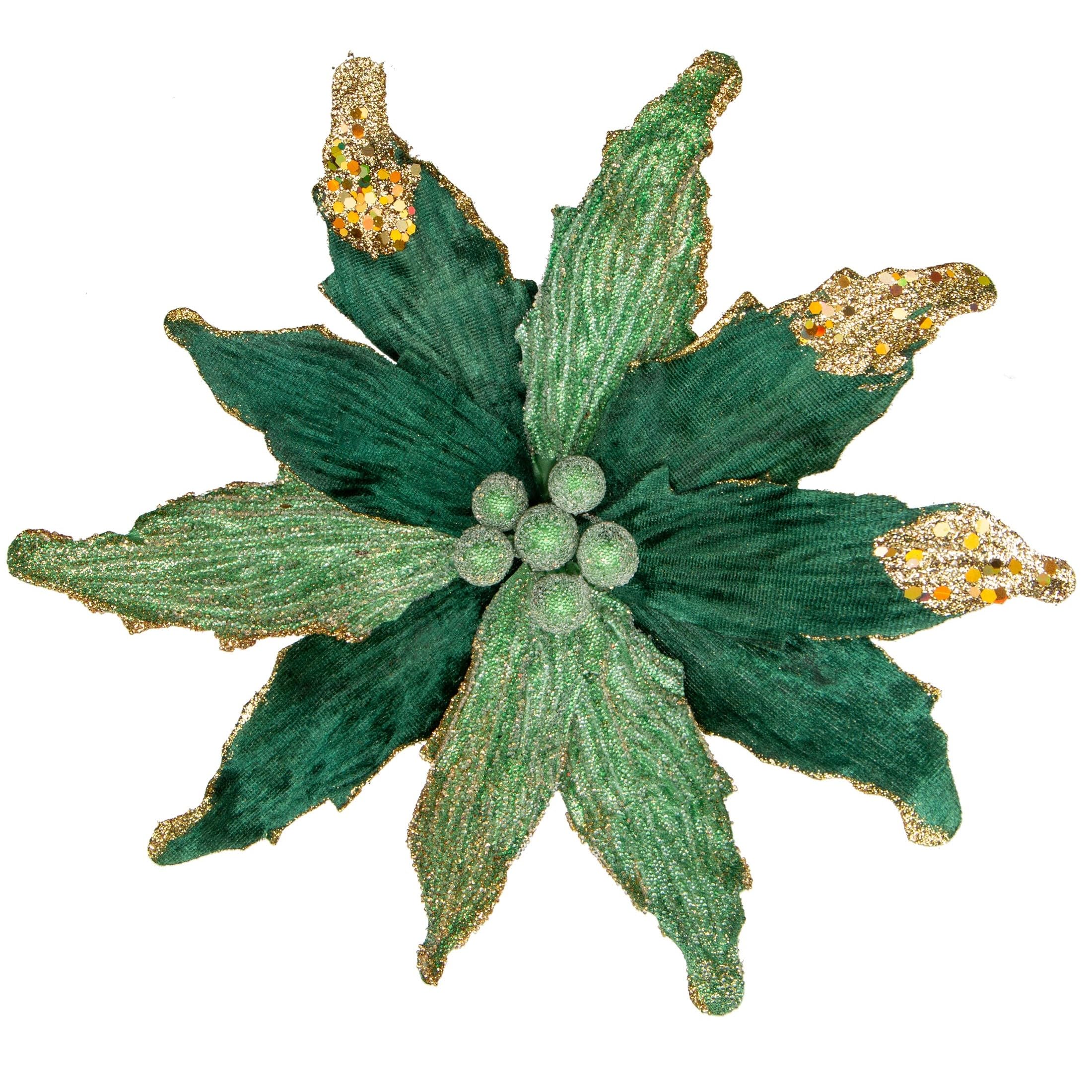 Briful 4 PCS 12" Glitter Poinsettia Green Artificial Flowers Stem for Christmas Tree Decorations Fake Poinsettia Flowers Large Artificial Christmas Flowers Arrangements for Xmas Decorations