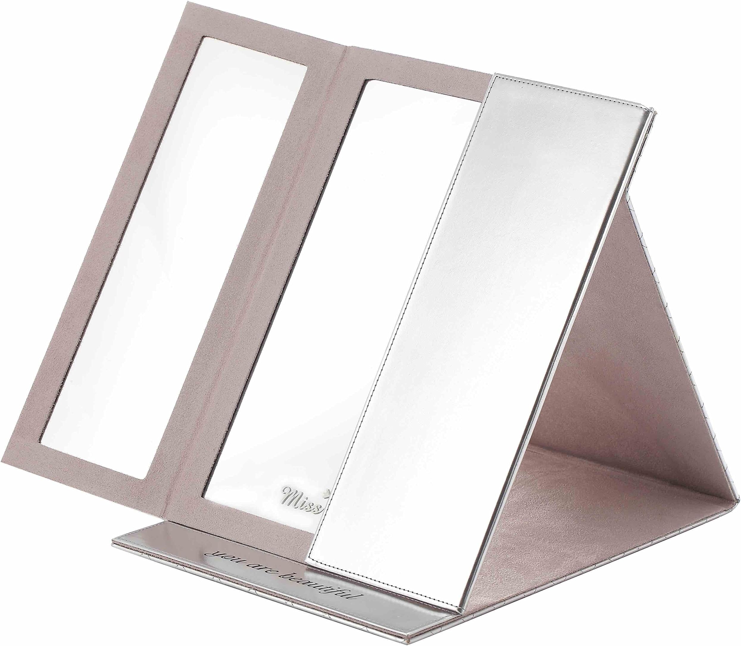 Miss Sweet Leather Trifold Mirror for Beauty Makeup Travel Mirror Table Mirror Mirror Size 16.5" * 11.4" (Platinum)