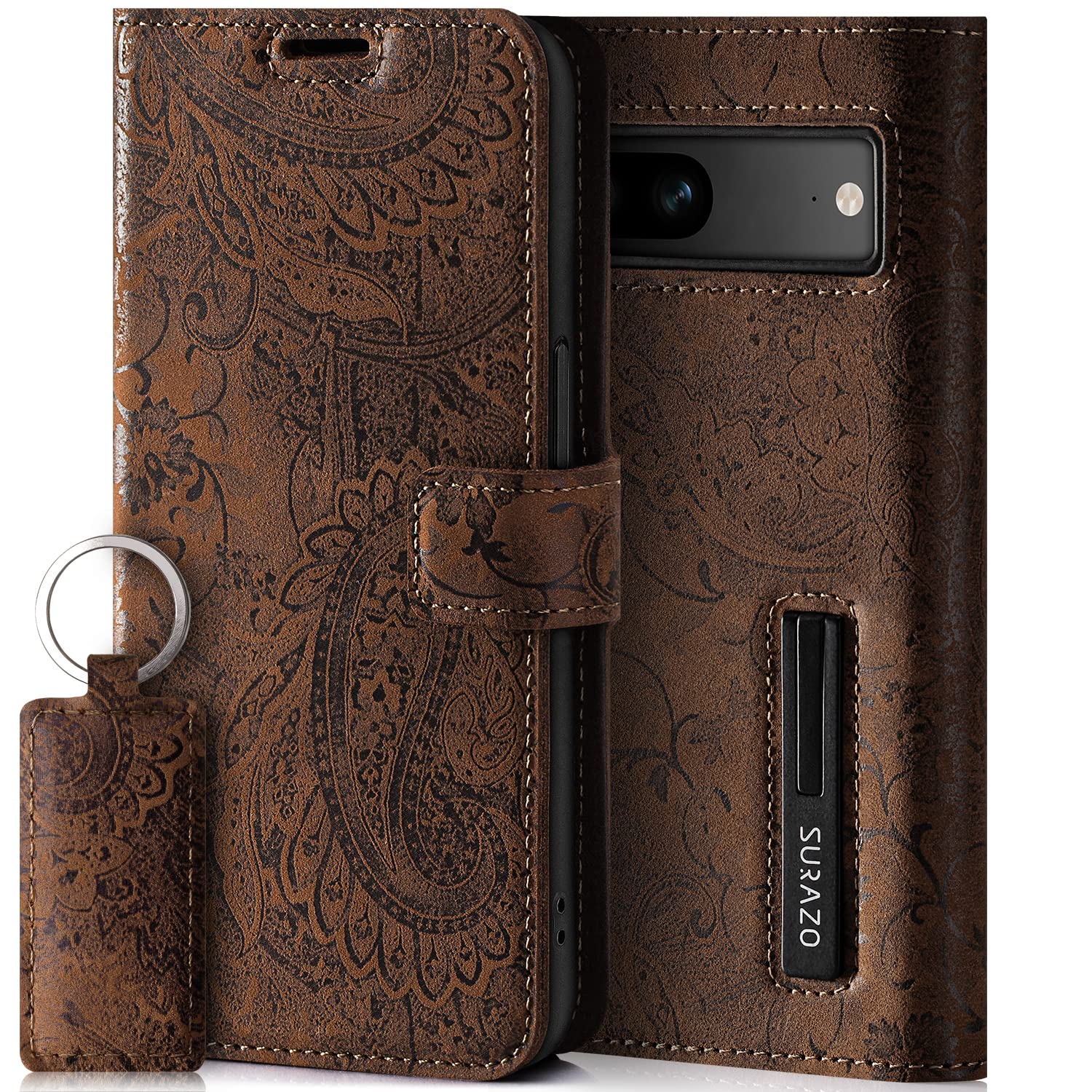 SURAZO Leather Wallet Mobile Phone Case Compatible with Google Pixel 7a - Flip & Fold Smartphone Case with Stand, RFID Blocker, Magnet Closure, 3 Slots for Bank Cards - Handcrafted European Leather