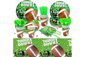 ZMCINER Football Party Supplies Set Serves 24 with 24 Football Themed Cups, 24 Plates (9 inches), 24 Napkins, Knife, Fork, Spoon and 1 Tablecloths Football Party Decorations
