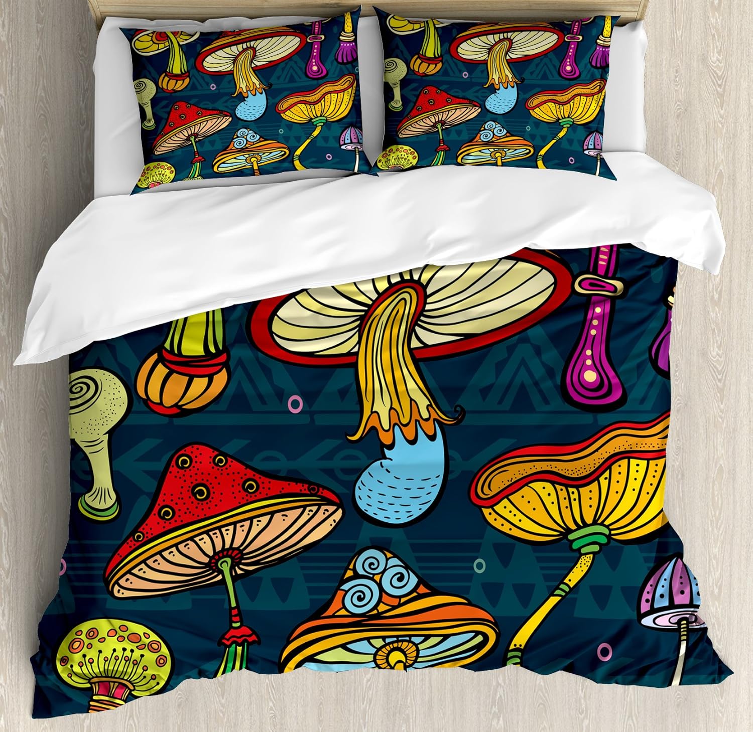 Ambesonne Mushroom Duvet Cover Set King Size, Stylized Mushrooms Ornate Doodles with Swirls Eyes Psychedelic Botany and Growth, Decorative 3 Piece Bedding Set with 2 Pillow Shams, Multicolor